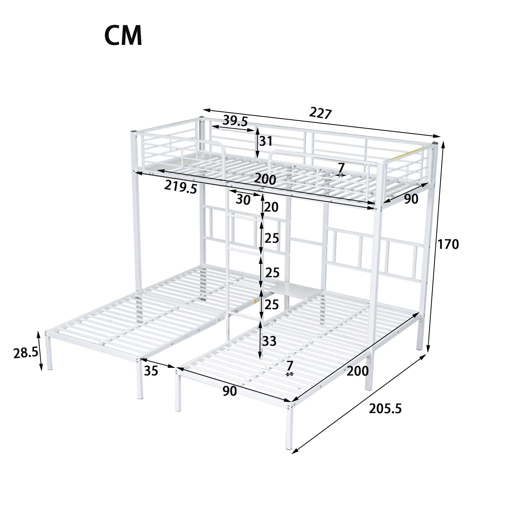 Fallschutzgitter Einzelbett Tisch, Ohne und Leiter Kinder Jugendliche), Gästebett (mit Kinderbett 90x200cm*3 Etagenbett Matratze weiß Dreierbett Eisenbett WISHDOR für mit und