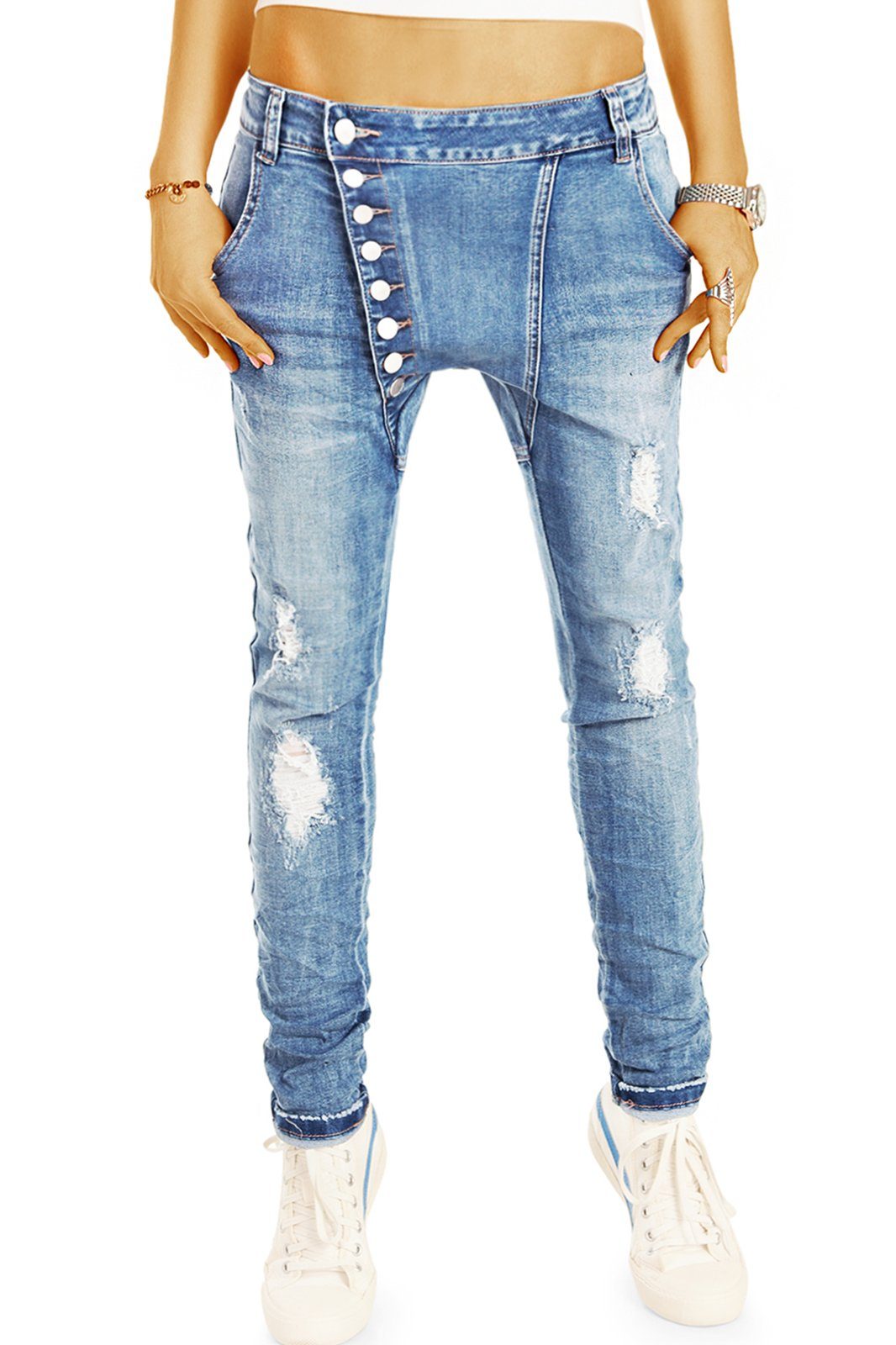 be styled Boyfriend-Jeans Baggy Boyfriend Low Waist im lockeren Tapered Fit  - schräge Knopfleiste - Damen Jeanshose - j16L-2 5-Pocket-Style, mit  Stretch-Anteil