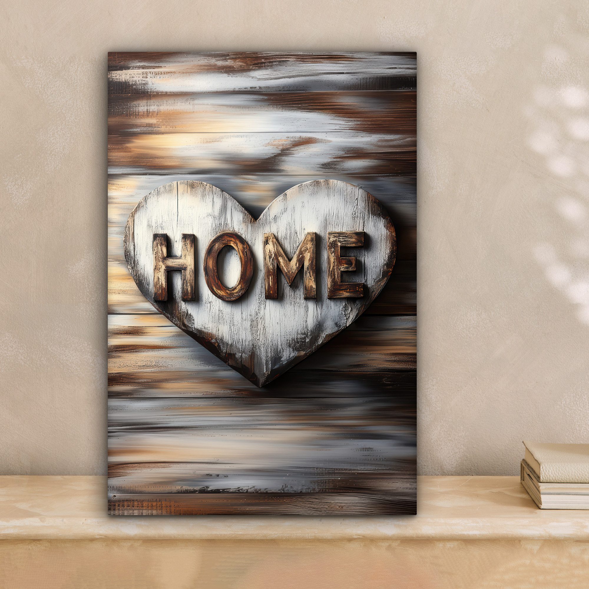 OneMillionCanvasses® Leinwandbild Zuhause - Herz - Holzoptik - Liebe, Fotodruck (1 St), Leinwand Canvas Wandbild, Wanddekoration 20x30 cm