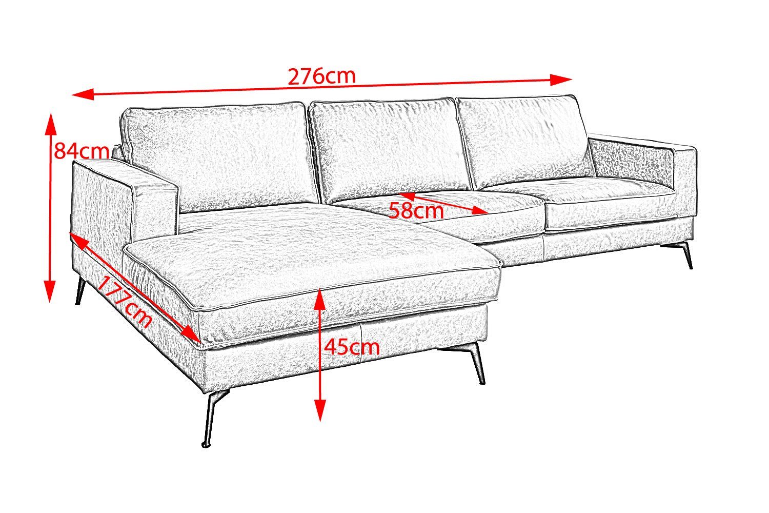 links Recamiere Farben Ecksofa od. rechts Leder versch. grau KAWOLA BLOOM,