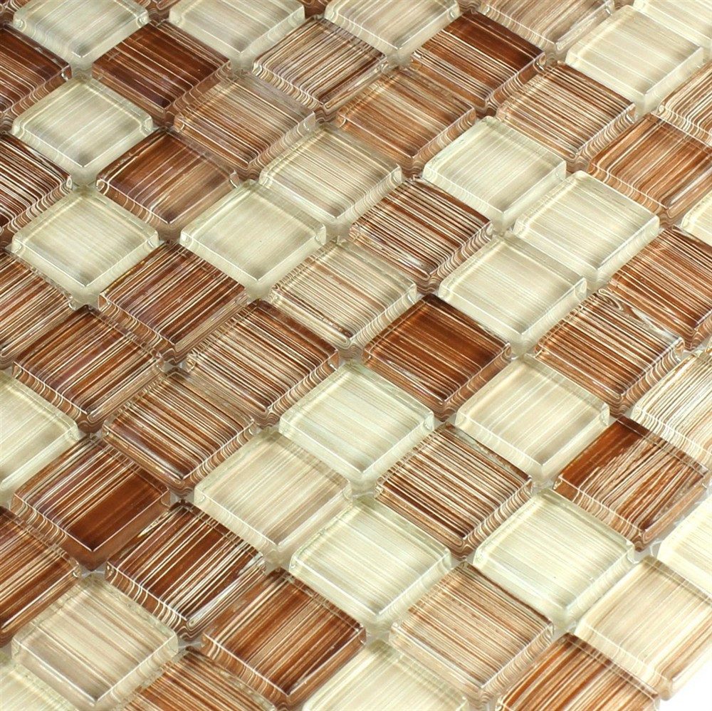 Mosafil Mosaikfliesen Glasmosaik Fliesen Lafayette Gestreift 8mm, Glas 32.500x30.500, beige-braun, Verlegefertig auf ein Netz geklebt - Frostsicher - Wasserdicht -