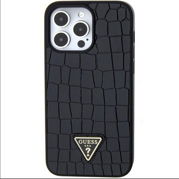 Guess Smartphone-Hülle Guess Apple iPhone 15 Pro Max Hülle Croco Triangle Metal Logo Schwarz