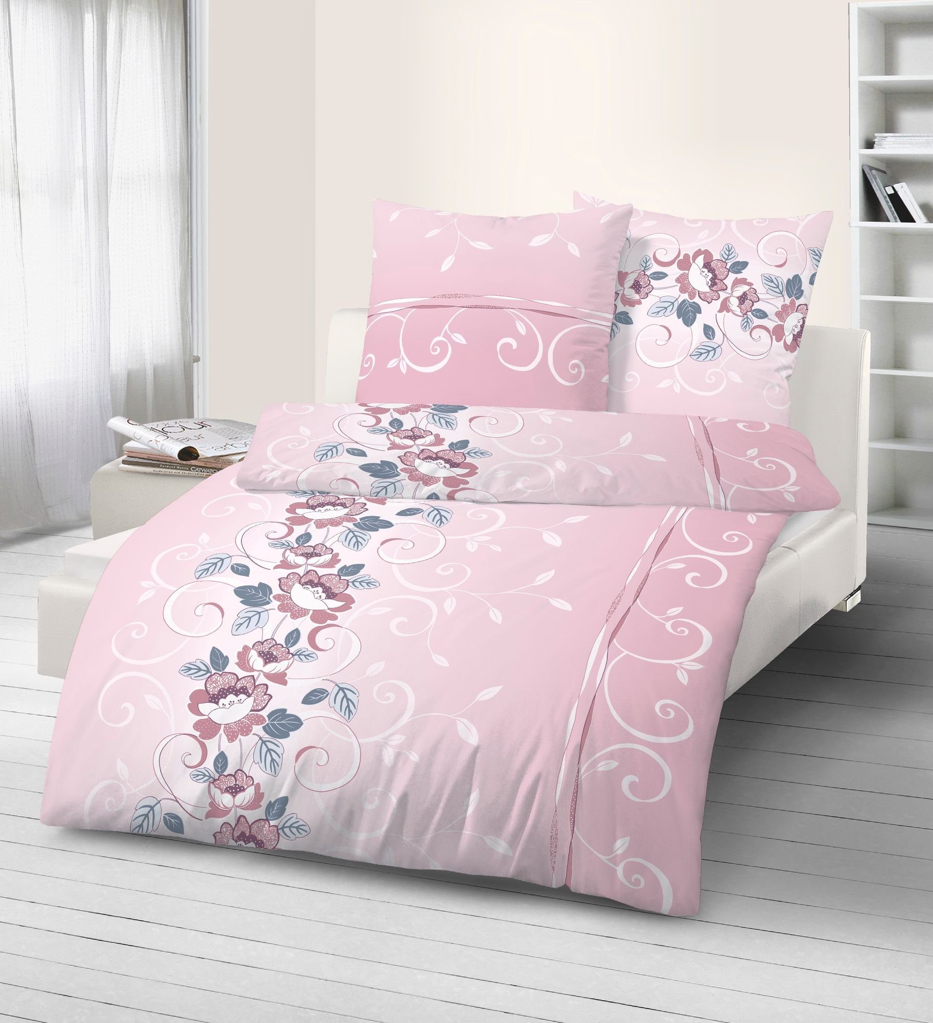 Kinderbettwäsche Fein Biber Bettwäsche Blumenranke rosa 155 x 220 cm  Übergröße, DOBNIG