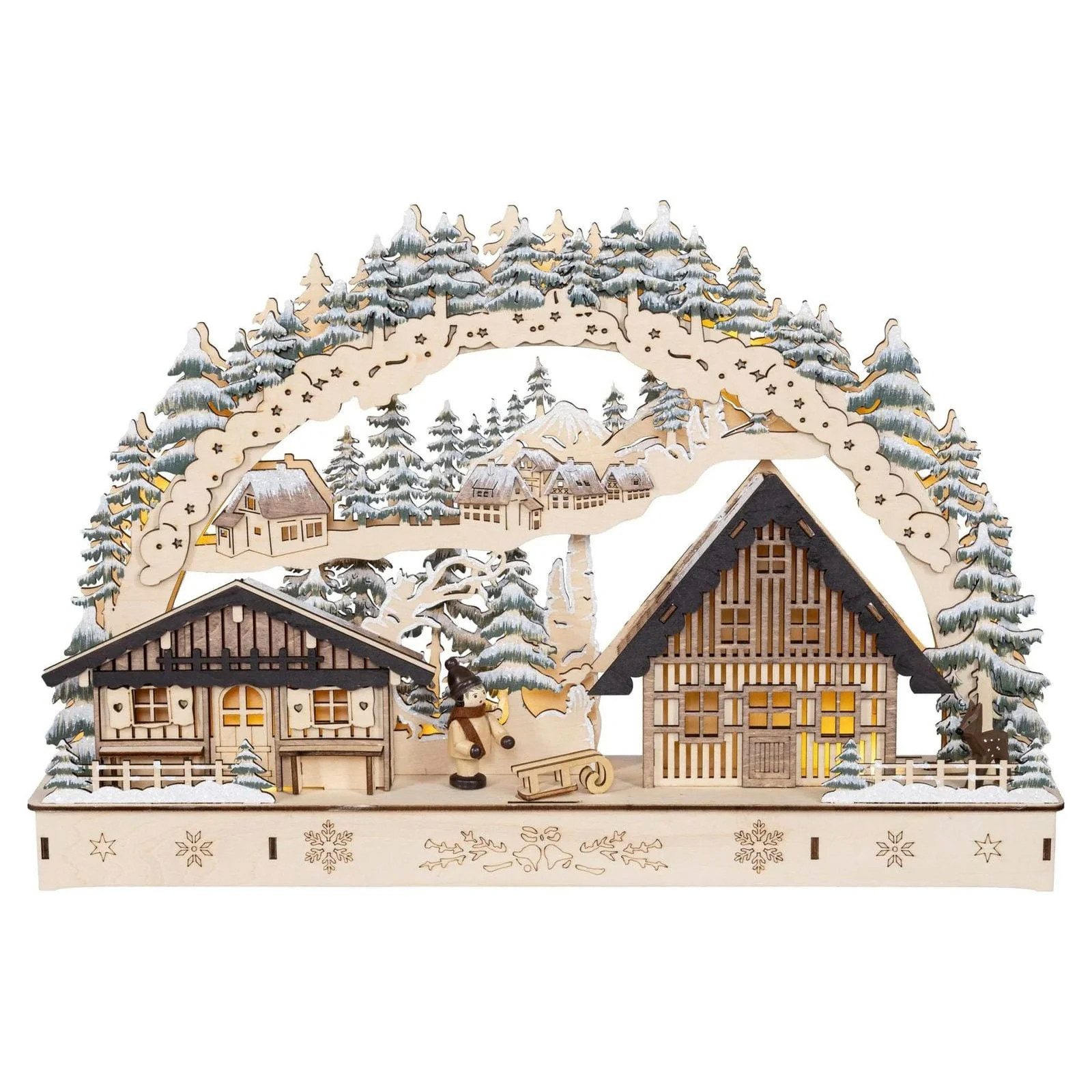 HGD LED Lichterbogen Waldhaus - Winterlandschaft mit Schlittenkind - aus Holz gefertigt, dekorativer Blickfang und elegante Geschenkidee für die Weihnachtszeit