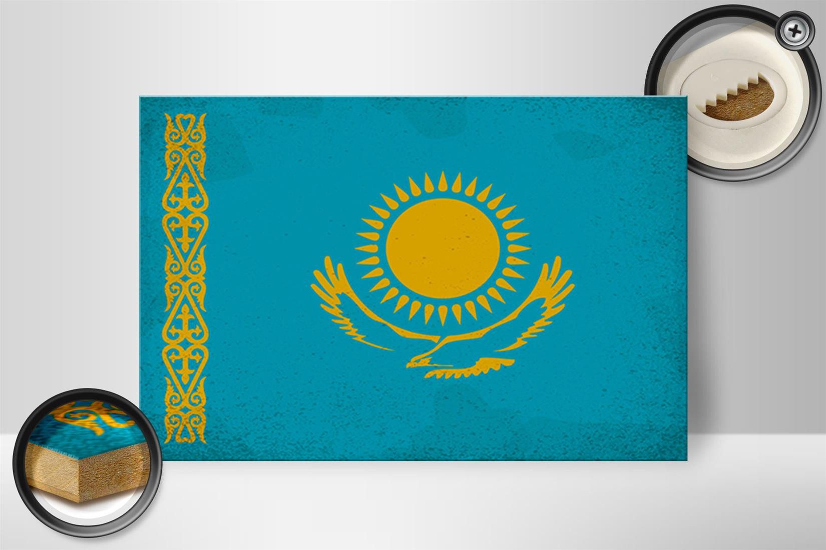 Femer GmbH Holzbild Flagge Kasachstan 30x20cm Kazakhstan Vintage, Flaggen (1 St), Glatte Holzfaserplatte (MDF), vorn beschichtet
