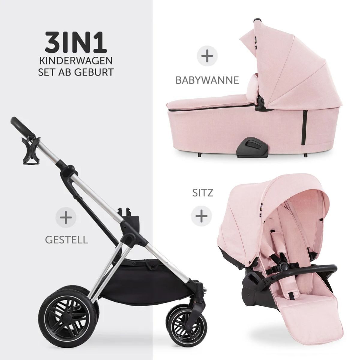 Hauck Kombi-Kinderwagen Vision X Trio Set Black - Melange Rose, 3in1 Kinderwagen Set mit Babywanne, Babyschale, Sportsitz, Regenschutz