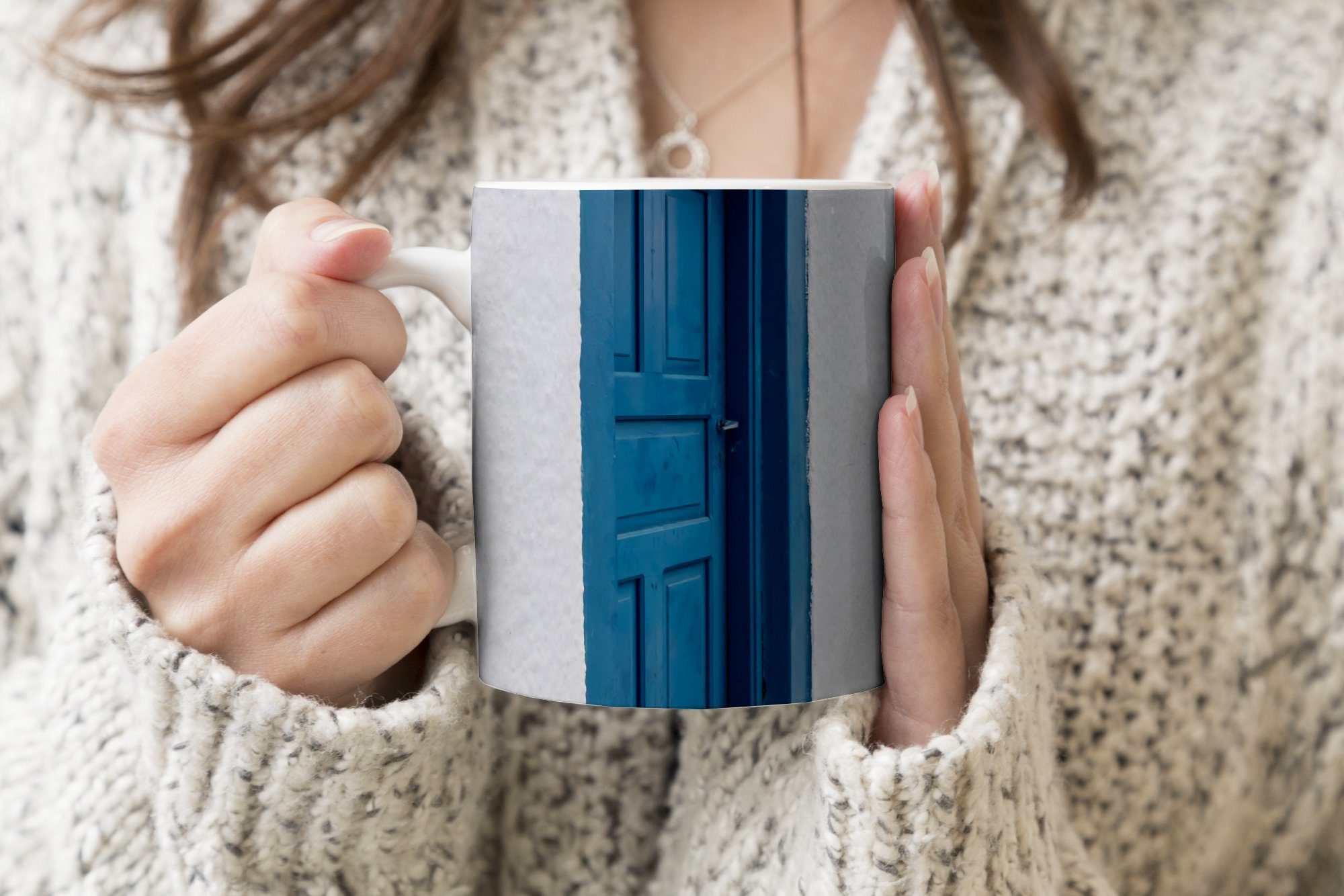 MuchoWow Tasse Tür - - Blau Weiß Teetasse, Teetasse, Kaffeetassen, Keramik, Architektur, - Becher, Geschenk