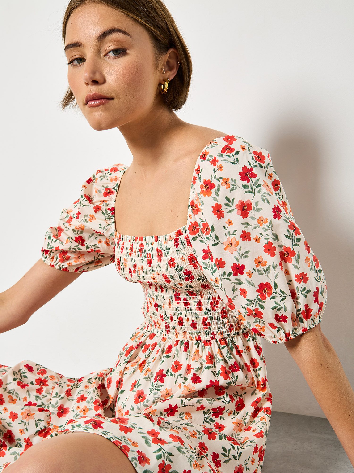 Apricot Druckkleid Mini-Kleid aus Baumwollpopeline mit Blumenmuster Elastis günstig online kaufen