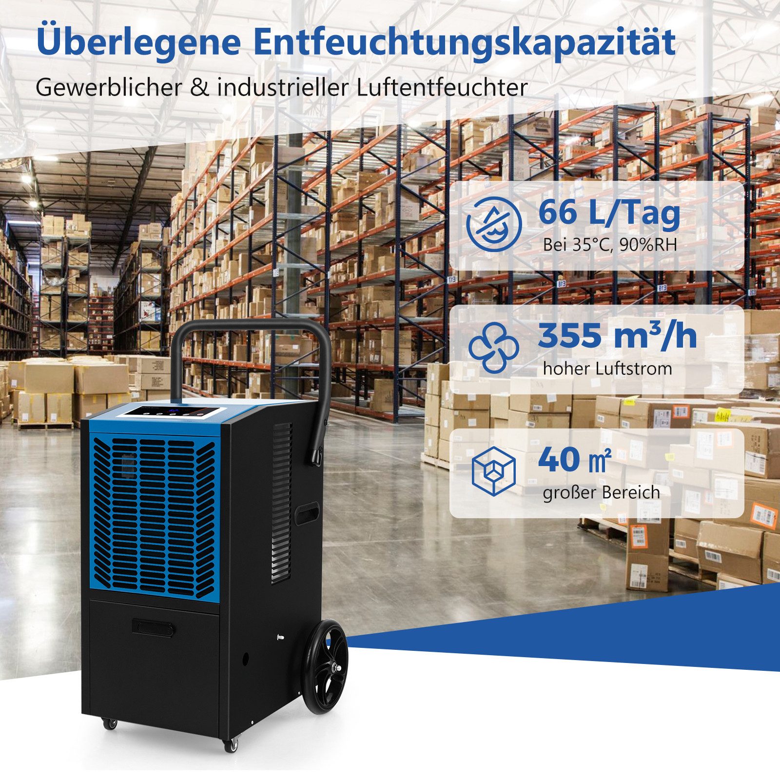 KOMFOTTEU Luftentfeuchter, 66 L/Tag, Bautrockner für Lager