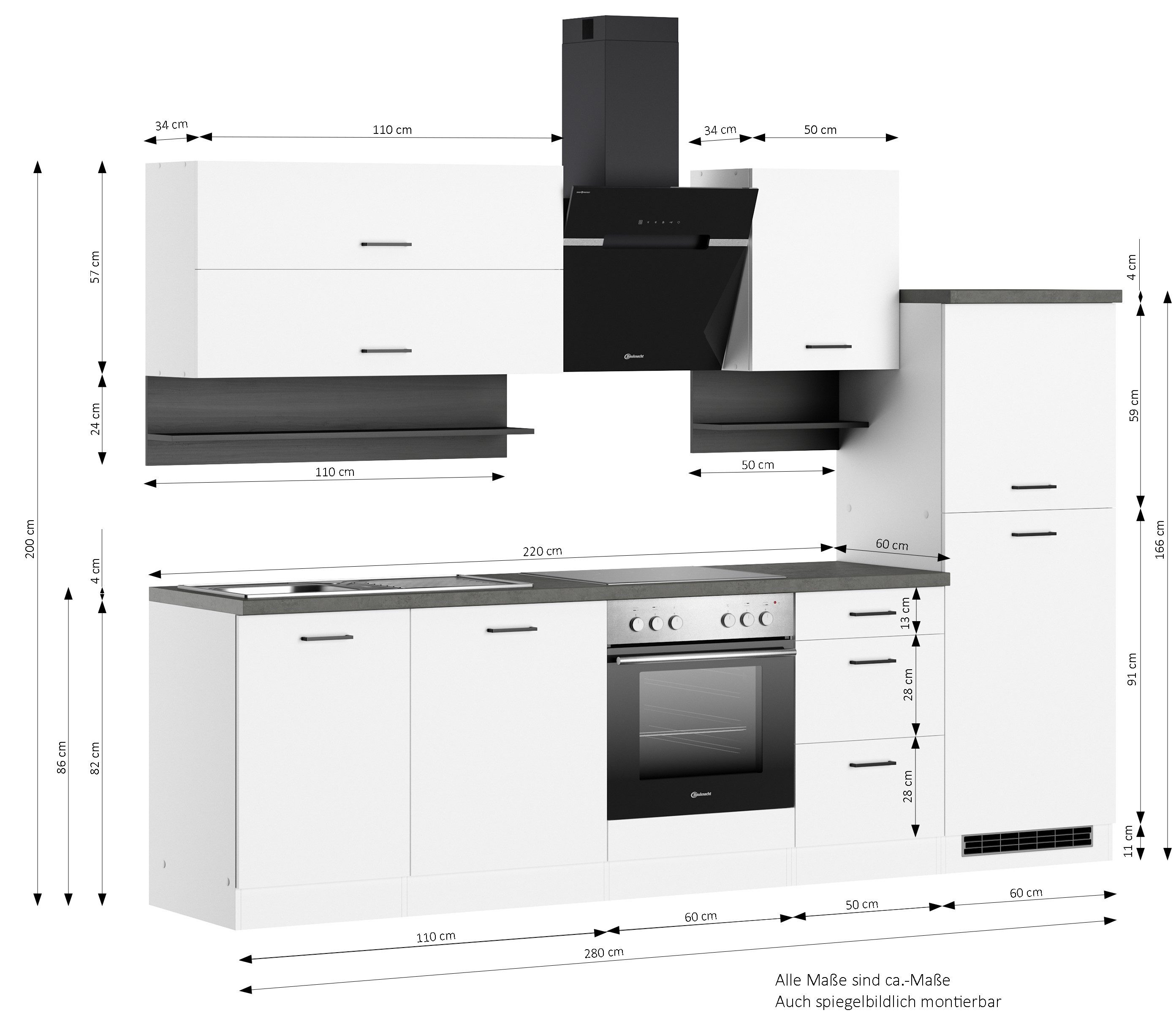 Coin cuisson : élément de cuisine Betty, 280 cm de large, avec appareils Bauknecht