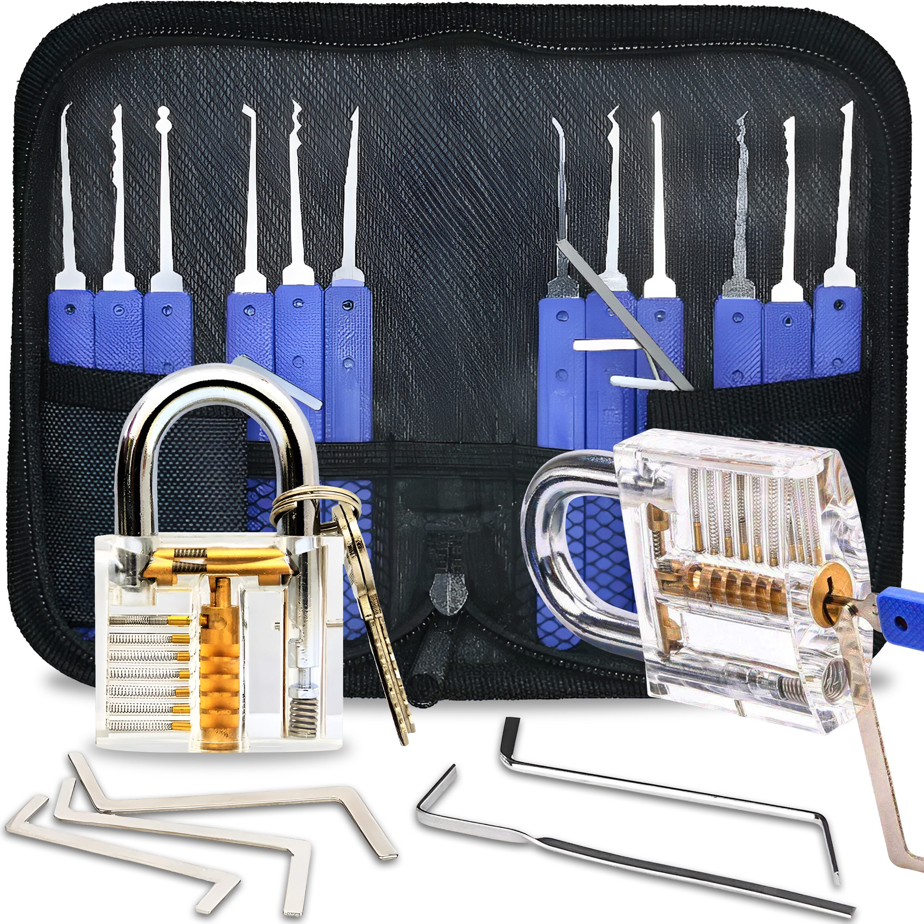 Retoo Türöffner 17-tlg Lockpicking Set Dietrich Set Transparentes Vorhängeschloss, 17-teiliges Dietrich-Set, 12 Dietriche, 5 Drehmomentschlüssel, Vorhängeschloss, Toolkit Knacken, Vielseitigkeit, Präzision und Effizienz, Rutschfeste Griffe