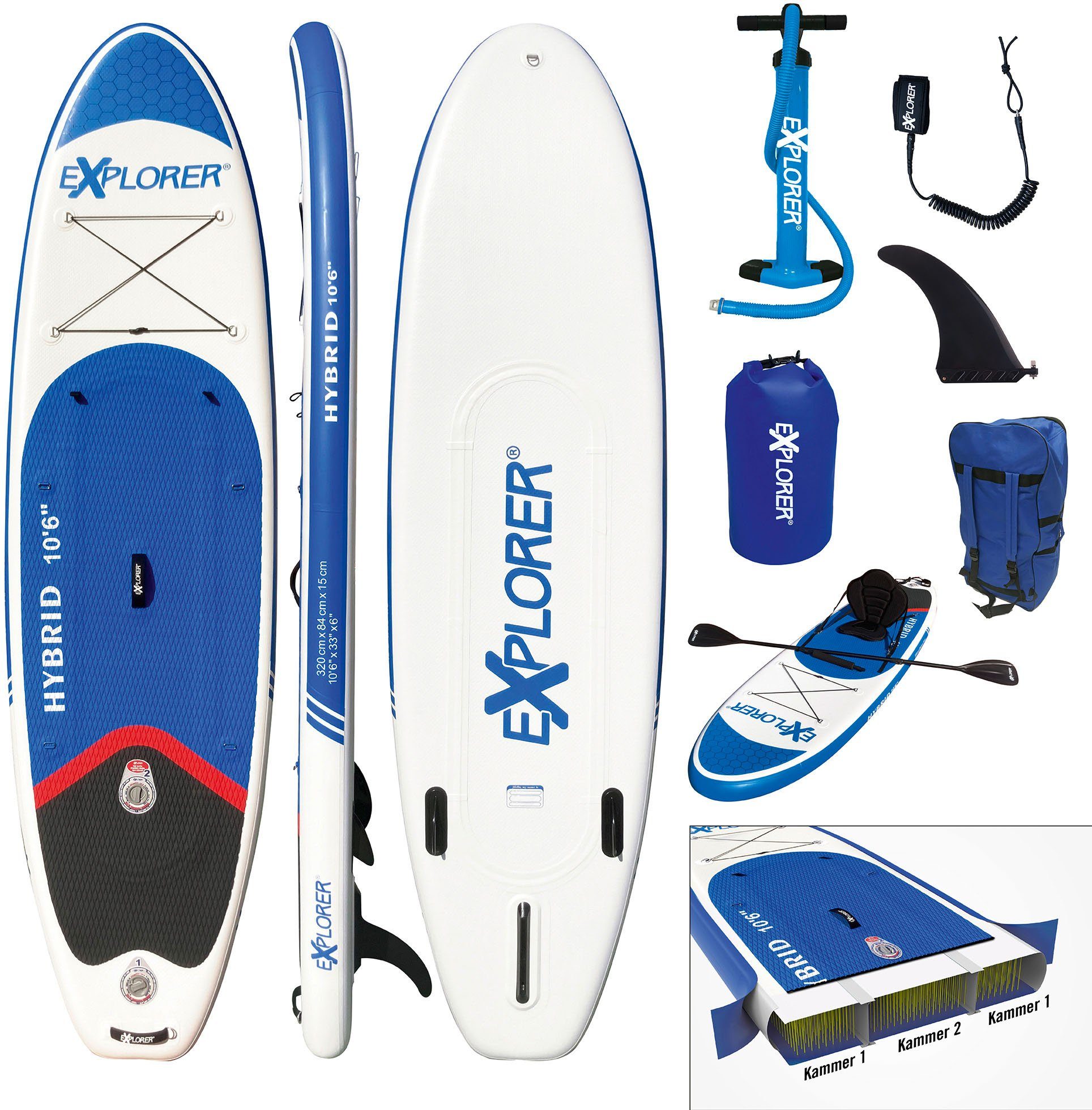 EXPLORER Kajaksitz, Doppelkammer mit (9 Paddel, Packsack Fangleine, Komplettset, Hybrid Inflatable SUP-Board tlg), 10.6 Pumpe,