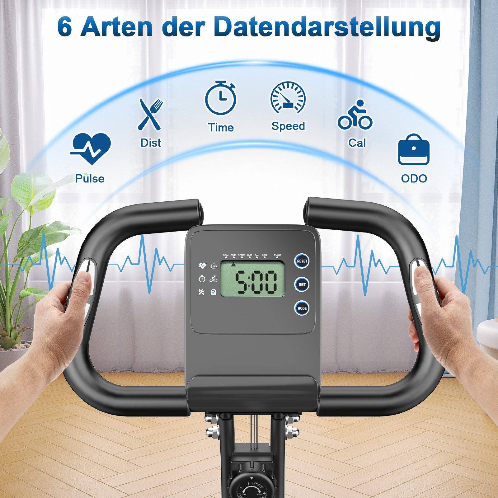 Gywowken Heimtrainer Fahrrad Klappbar für Zuhause, 4-in-1 faltbarer Heimtrainer (LCD-Display, Handpulssensoren, Integrierte Transporträder), mit 8 Stufen verstellbarem Magnetwiderstand, klappbarer Heimtrainer