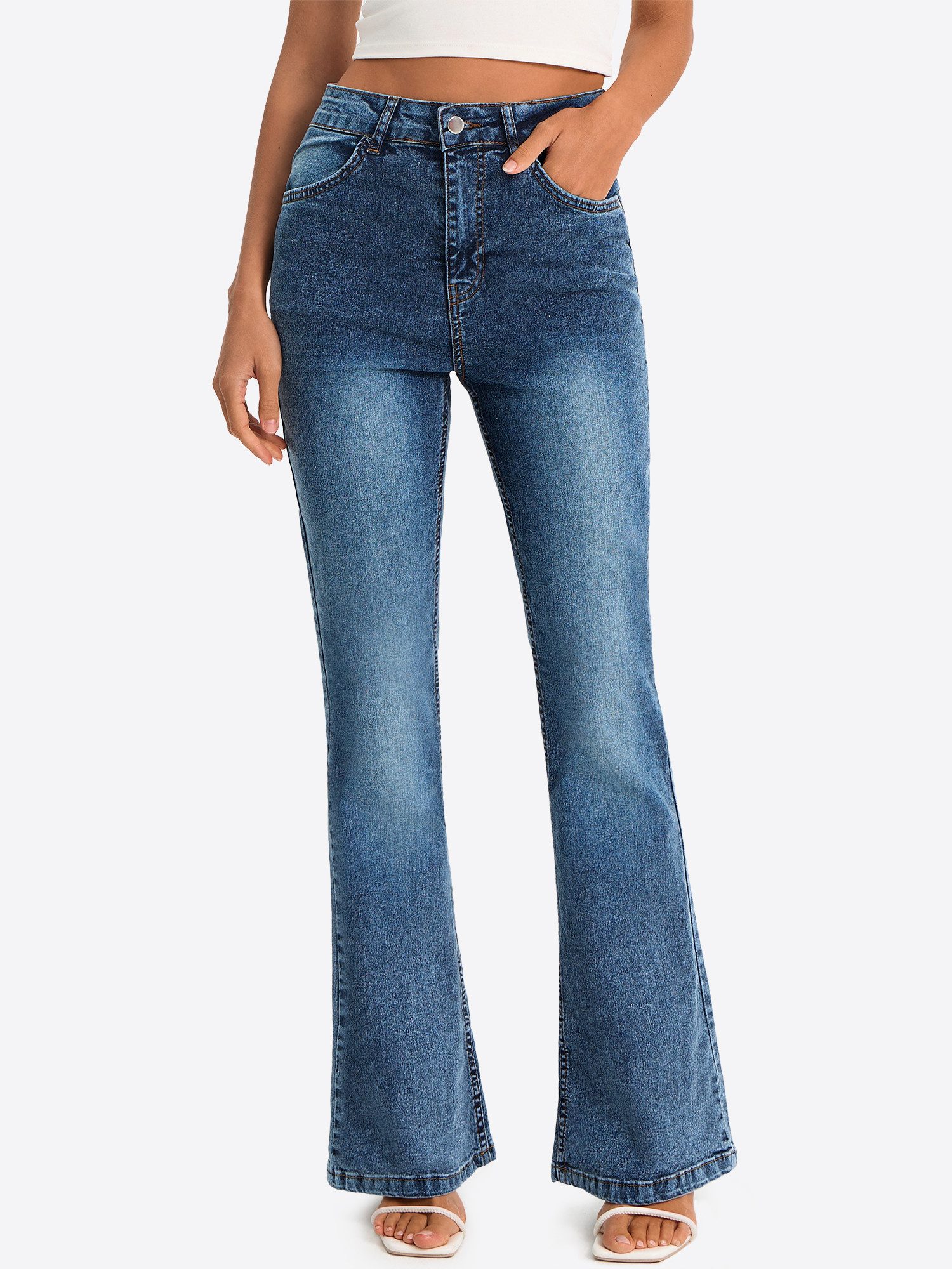Imily Bela Bootcut-Jeans Damen High-Waist Flared Jeans aus Baumwolle Denim mit Stretch (Packung, 1-tlg., 1per-Pack) 4-Pocket Style in Unifarbe