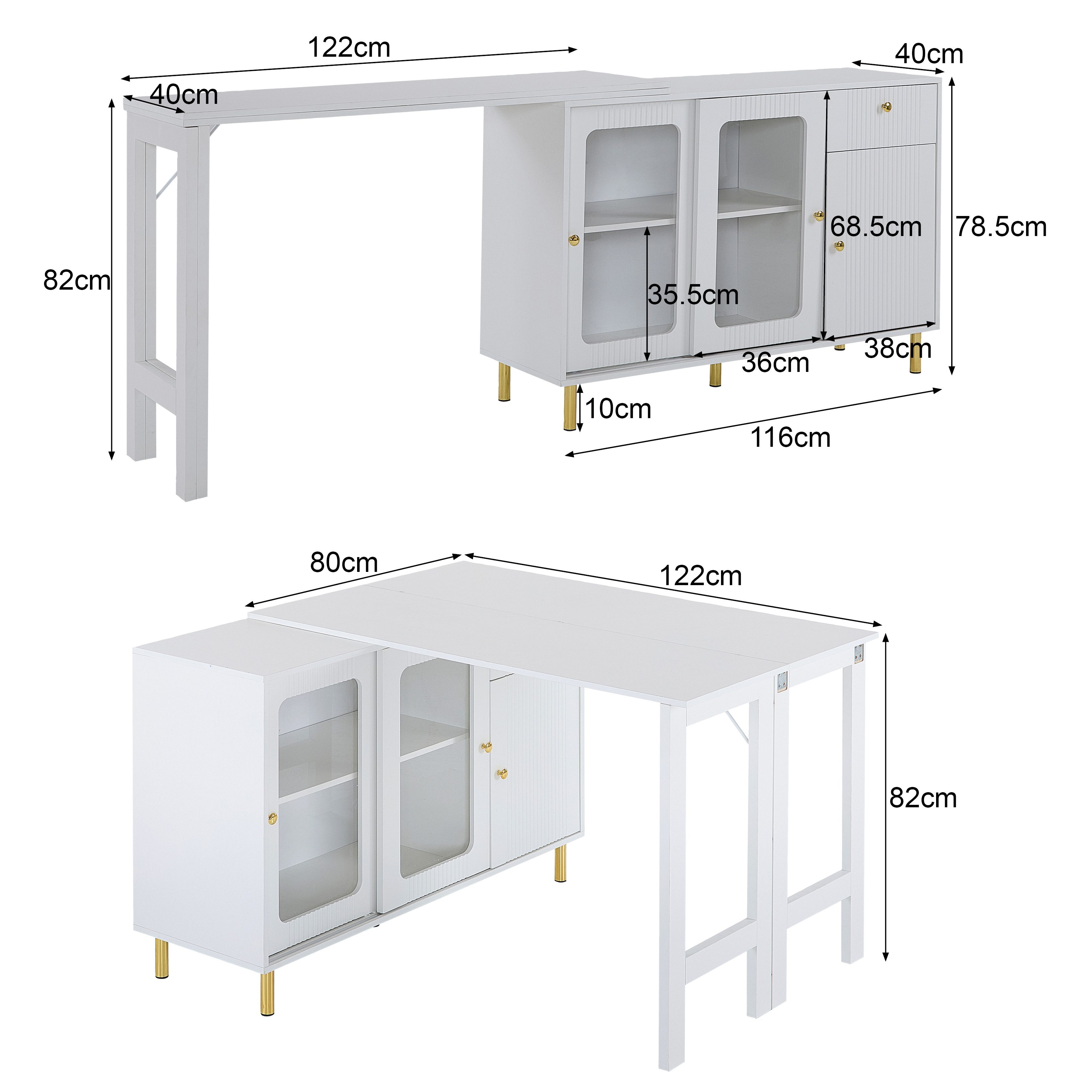 IDEASY Sideboard mit klappbarer und ausziehbarer Tischplatte, Buffet, Stehtisch (drehbarer Oberfläche, Glasschiebetüren und Wellenmuster), Kann als Kommode, Schreibtisch, Esstisch verwendet werden