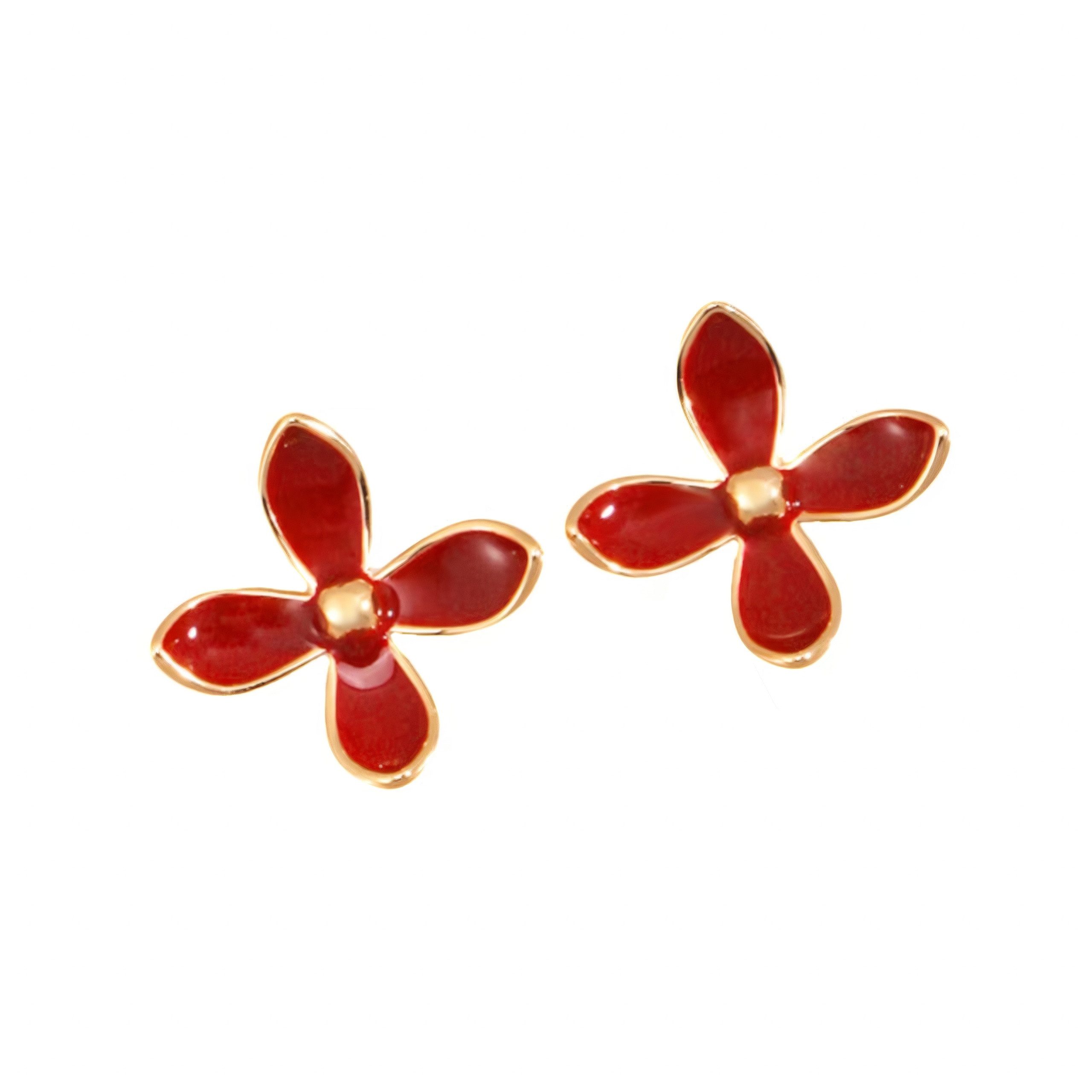 Paar Ohrstecker Rote Blumen-Ohrringe , Silberne Ohrringe,  Vergoldete Ohrstecker