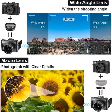 Fine Life Pro Digitalkamera 4K, 48MP Fotokamera mit 180° Flip 3.0" Bildschirm, Systemkamera (48 MP, WLAN (Wi-Fi), inkl. 16X Digitalzoom Kompaktkamera mit Weitwinkel Linse und Macro Linse, 64GBTF-Karte, Schwarz)