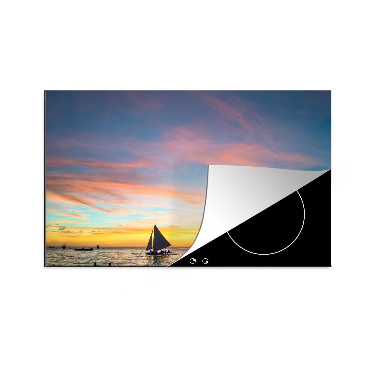 MuchoWow Herdblende-/Abdeckplatte Silhouetten von Segelbooten vor der philippinischen Insel Boracay, Vinyl, (1 tlg), 81x52 cm, Induktionskochfeld Schutz für die küche, Ceranfeldabdeckung
