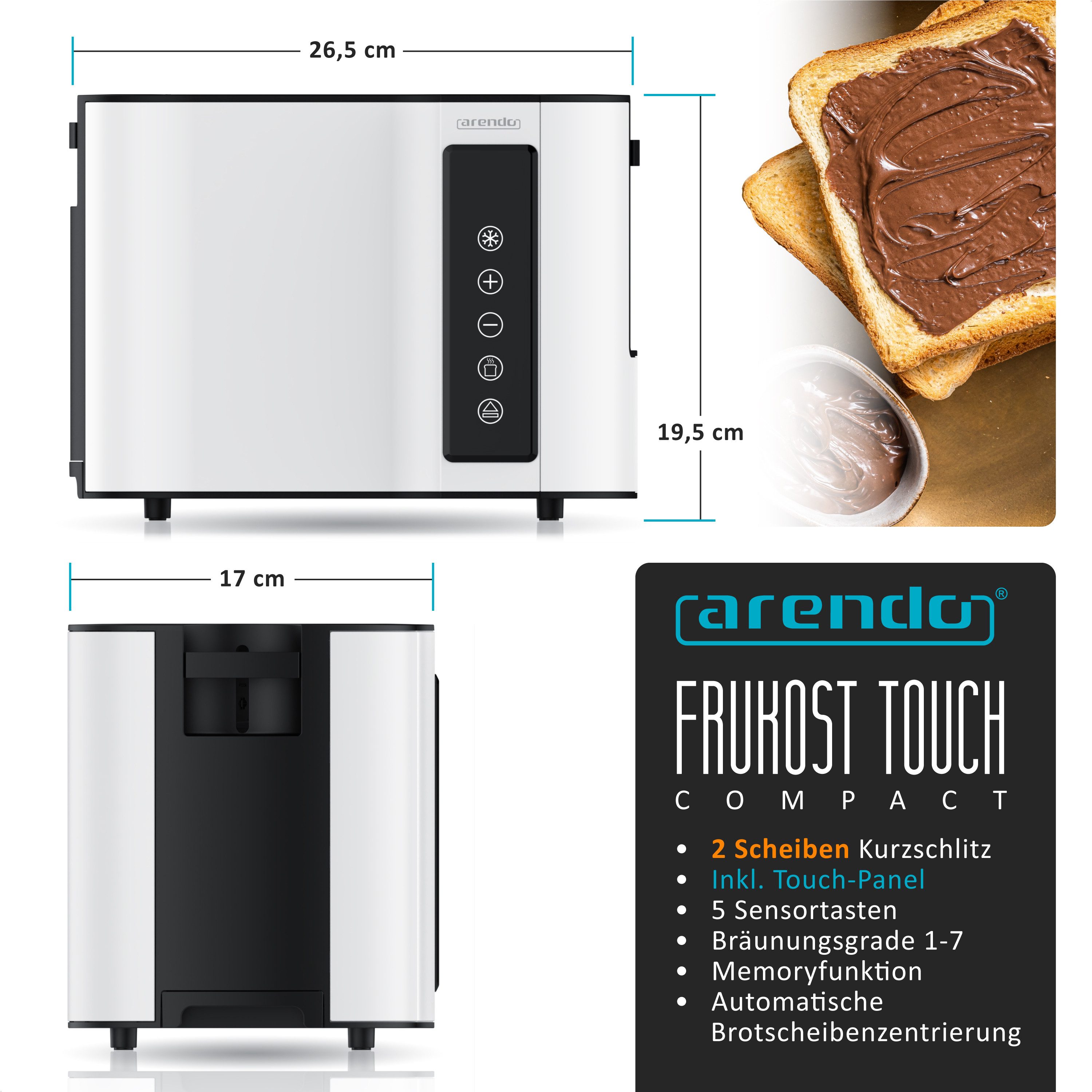 Arendo Toaster 2-Scheiben, Wärmeisoliertes Doppelwandgehäuse, Display Restzeitanzeige, 2 kurze Schlitze, für 2 Scheiben, 800 W, Kurzschlitz, Brötchenaufsatz, 7 Bräunungsgrade, Touchpanel