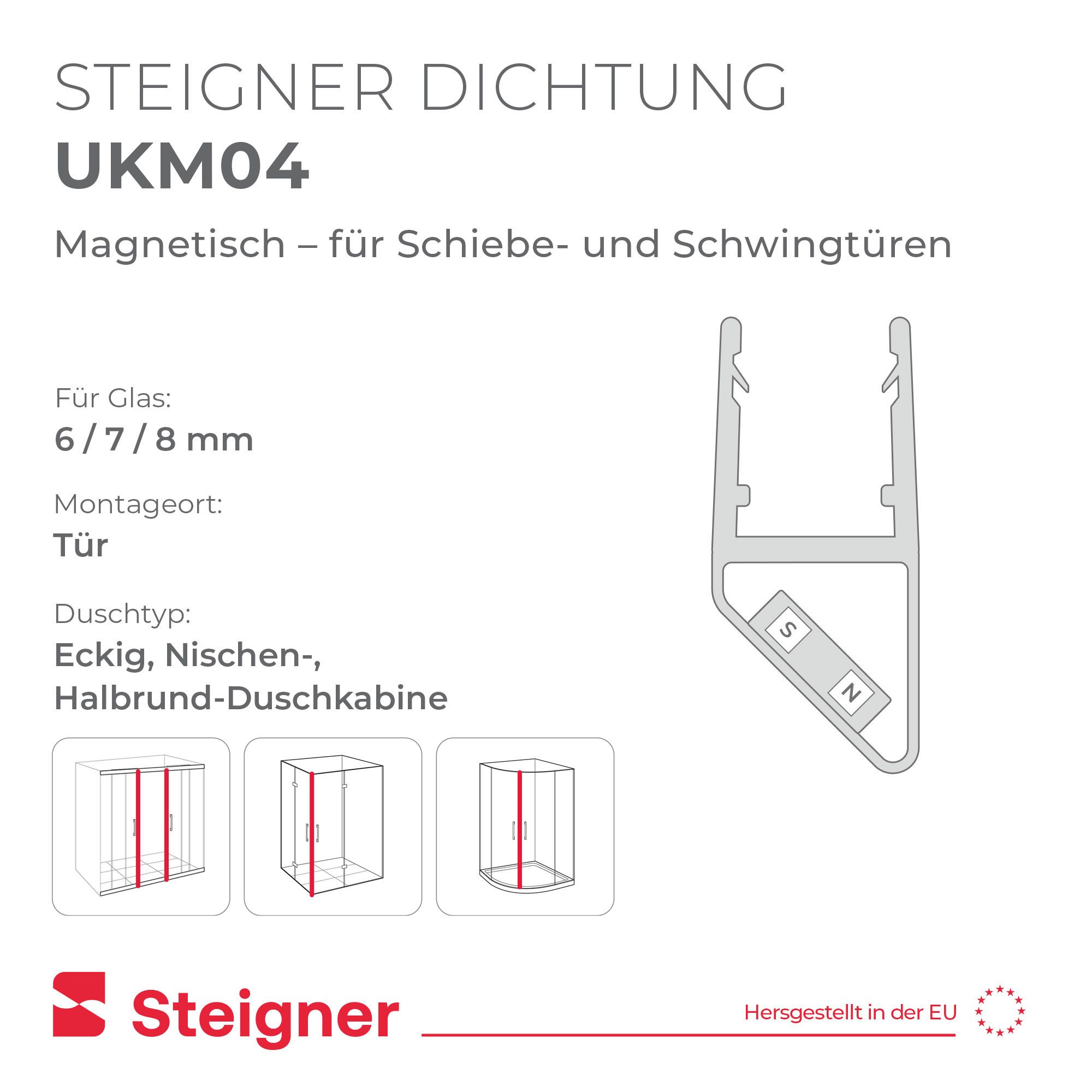 STEIGNER Duschdichtung Magnetduschdichtungen UKM04 201 cm 2 Stk Set 180° Transparent 6-8 mm, L: 201 cm, (2 Stück Packung, 2-St., Einzeldichtung), Duschdichtunge – Bild 2 von 5