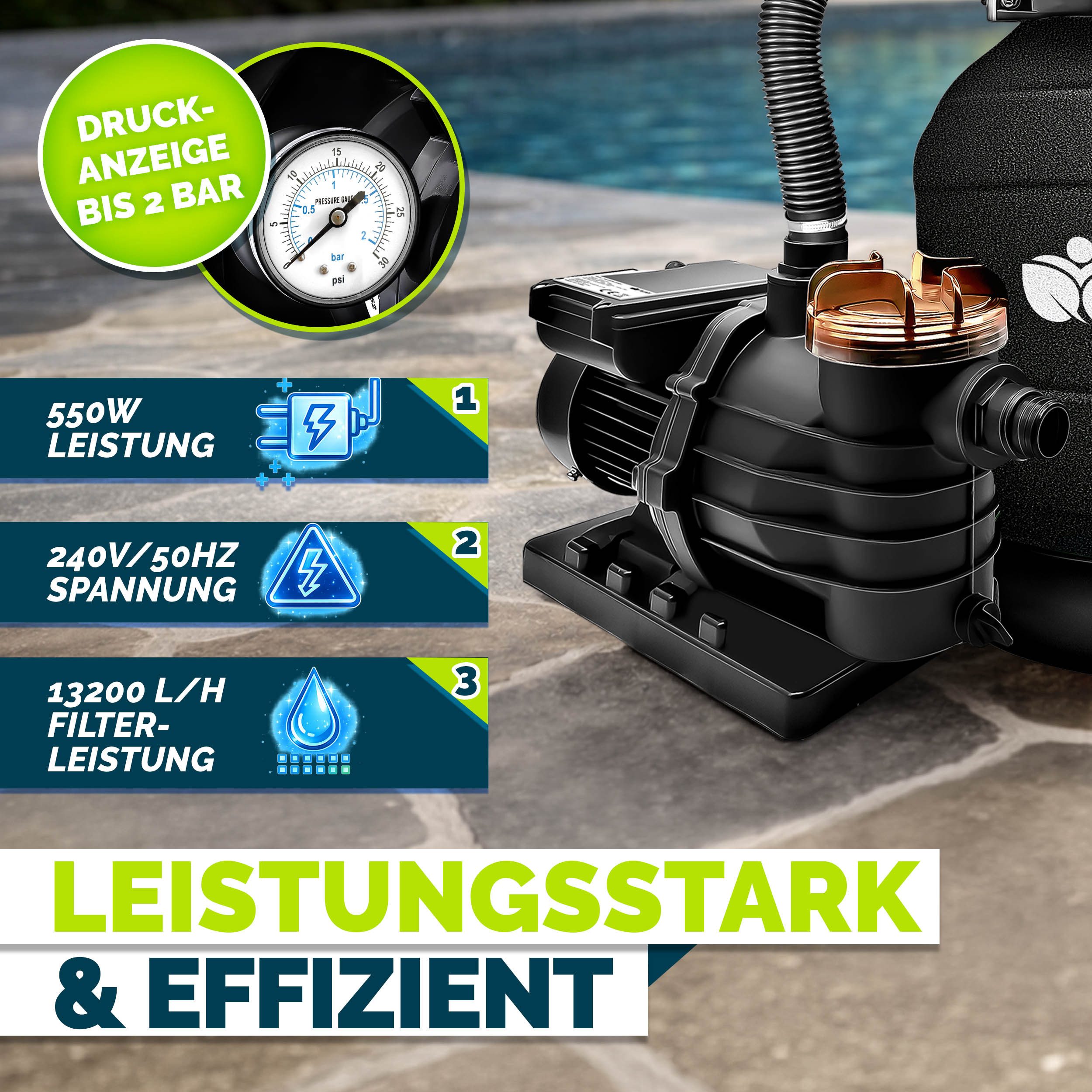 tillvex Sandfilteranlage tillvex Sandfilteranlage 13.200L/h mit 1200g Filterbällen + Pumpe (Poolfilter Selbstansaugend Sandfilter Schwimmbecken, Filteranlage 7- – Bild 4 von 5