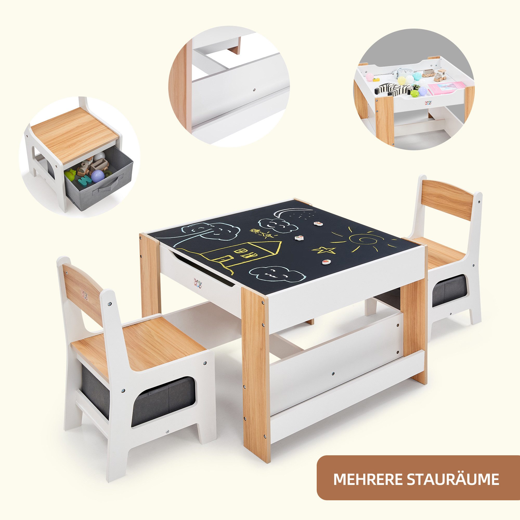 Baby Vivo Kindersitzgruppe multifunktionaler Tisch 2 Stühle aus Holz - Mia – Bild 4 von 5