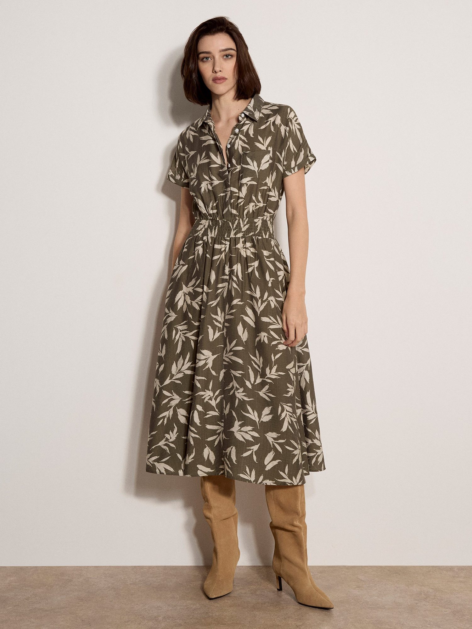 Apricot Midikleid Midikleid mit strukturiertem Blattmuster