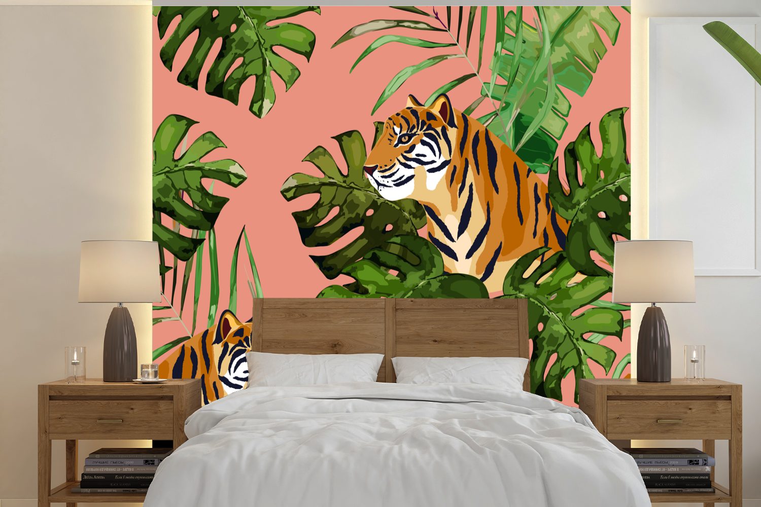 Fototapete (5 MuchoWow Wandtapete Monstera - Tiger - Tapete Matt, Vinyl Botanisch, Wohnzimmer bedruckt, für oder St), Schlafzimmer,