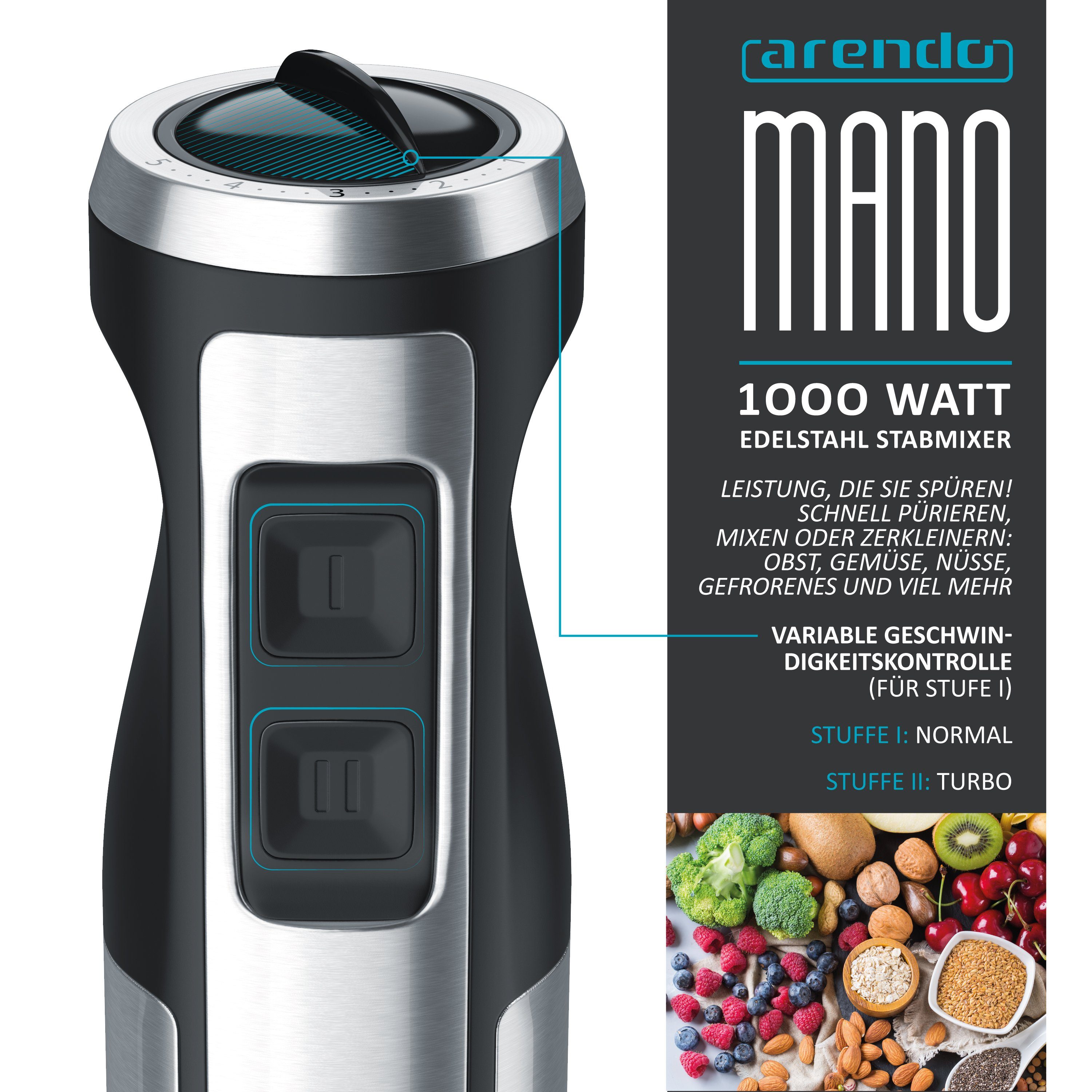 Arendo Stabmixer Edelstahl Pürierstab, Handmixer, stufenlose Regelung, silber, 1000 W, Turbotaste, Abnehmbarer Mixfuß, 4-flügeliges Edelstahlmesser