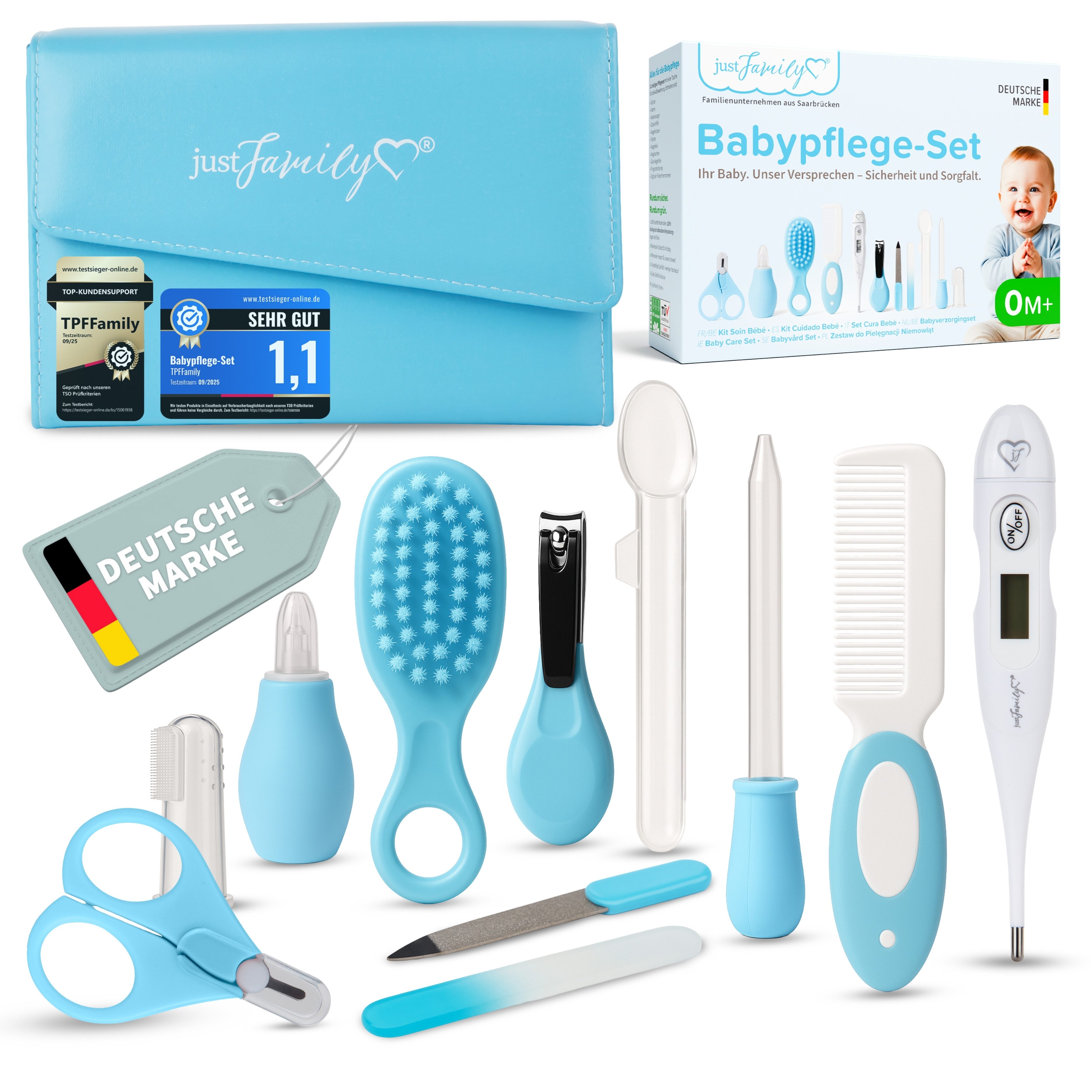 justFamily Babypflege-Set Neugeborene inkl. Pflegeartikel und MDR/EU-konformem Fieberthermometer, 11 tlg., 11-tlg. Erstausstattung fürs Baby - Schönes Geschenkset zur Geburt