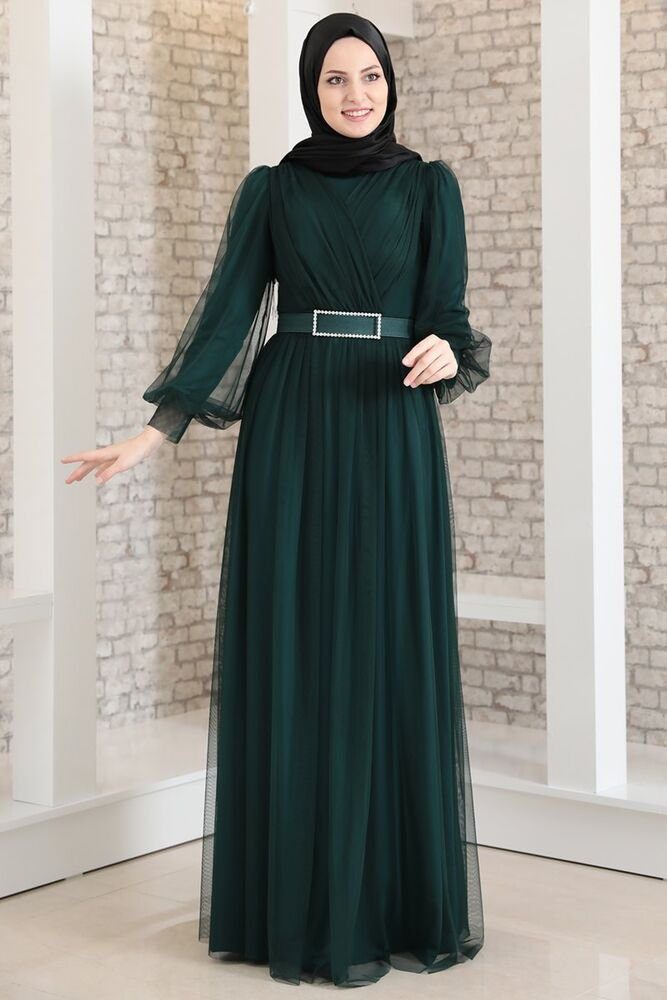 Modavitrini Abendkleid Damen Tüllkleid Abiye Abaya Hijab Kleid langärmliges Maxikleid mit Gürtel Smaragd-Grün