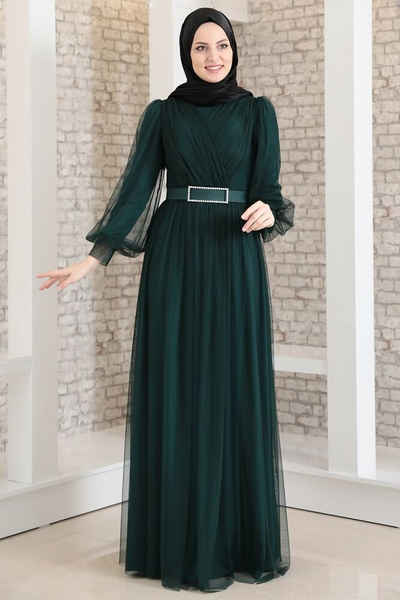 Modavitrini Tüllkleid Hochzeitskleid Damen Abendkleid Abiye Maxikleid Hijab Kleid Grün Abaya