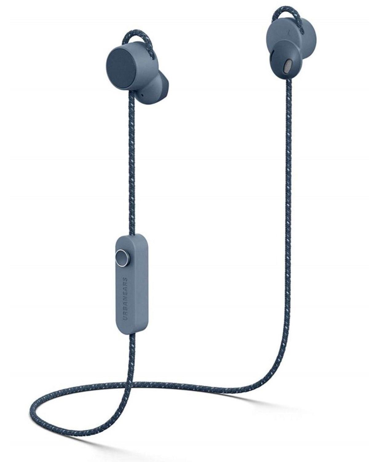 Urbanears Jakan Bluetooth In-Ear Headset Blau Headset (integriertes Mikrofon, Bluetooth, Anruffunktion 12 Stunden Akkulaufzeit Magnetische Ohrhörer Bedienknopf)