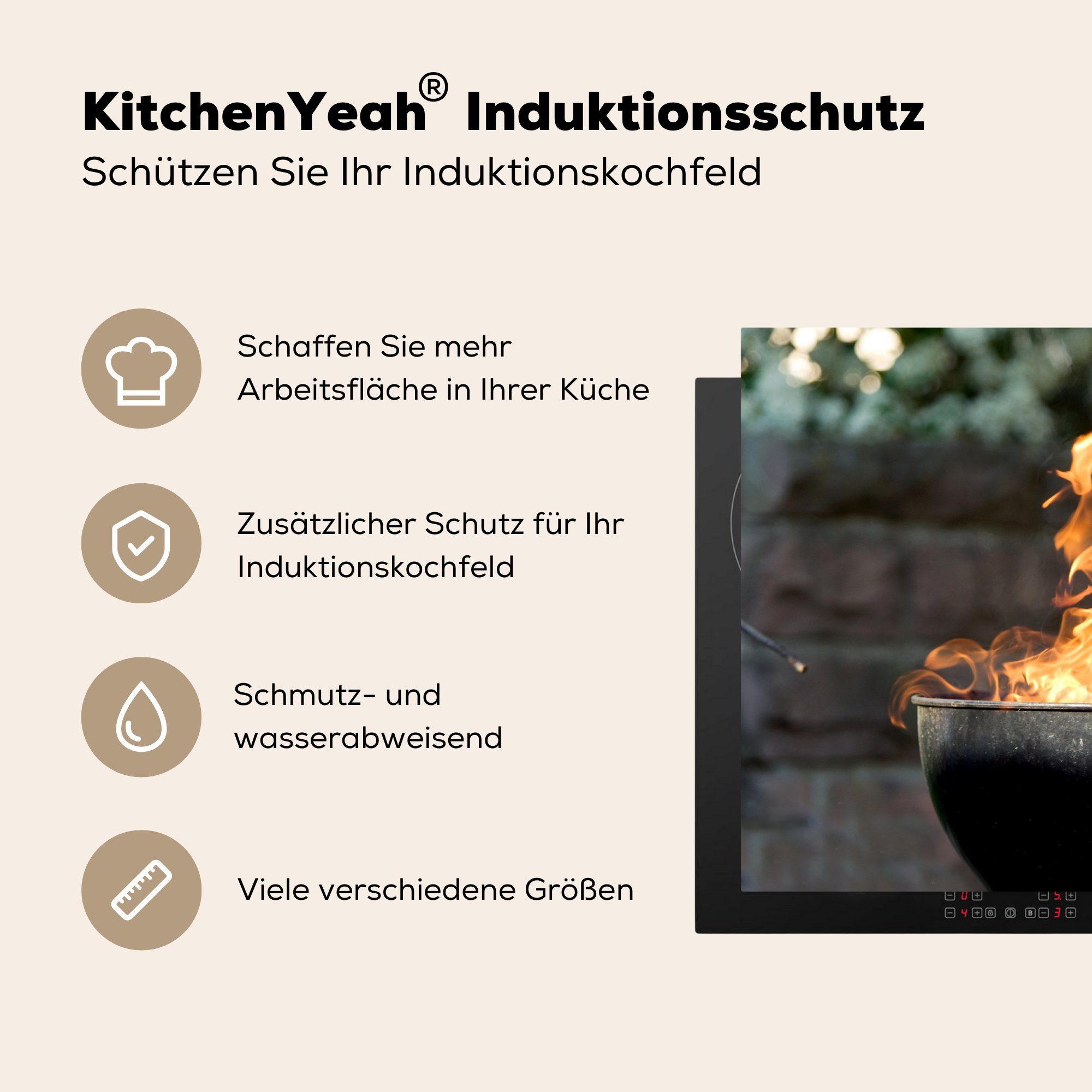 Schutz 81x52 Induktionskochfeld cm, von die Flammen MuchoWow Ceranfeldabdeckung für Vinyl, (1 Herdblende-/Abdeckplatte küche, tlg), einem Grill,