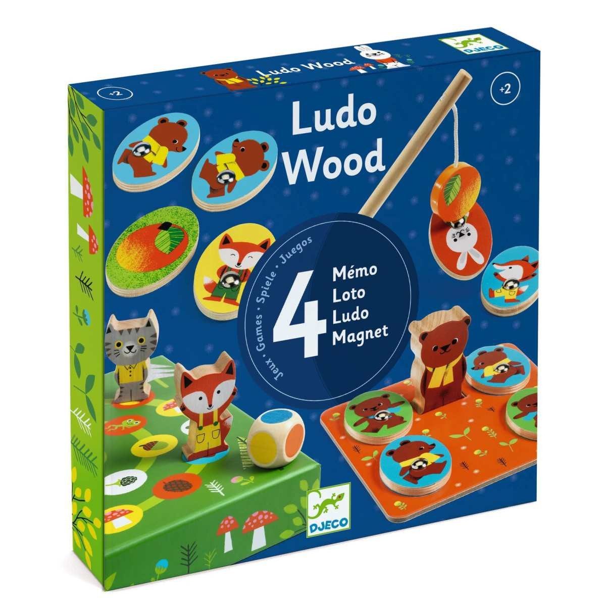 DJECO Lernspielzeug Ludo Wood Holz Lernspiel für Kinder ab 2 Jahren, 4-in-1 Spielebox