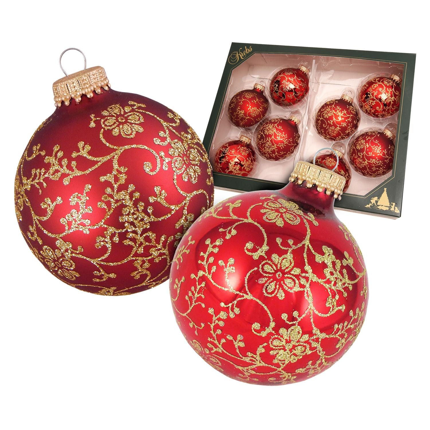 Krebs Glas Lauscha Weihnachtsbaumkugel Glaskugel 8er Set - Goldene Glitterranken - in Glanz- und Satinrot, Ideal für Baum, Gestecke oder kreative Dekoideen in der Winterzeit