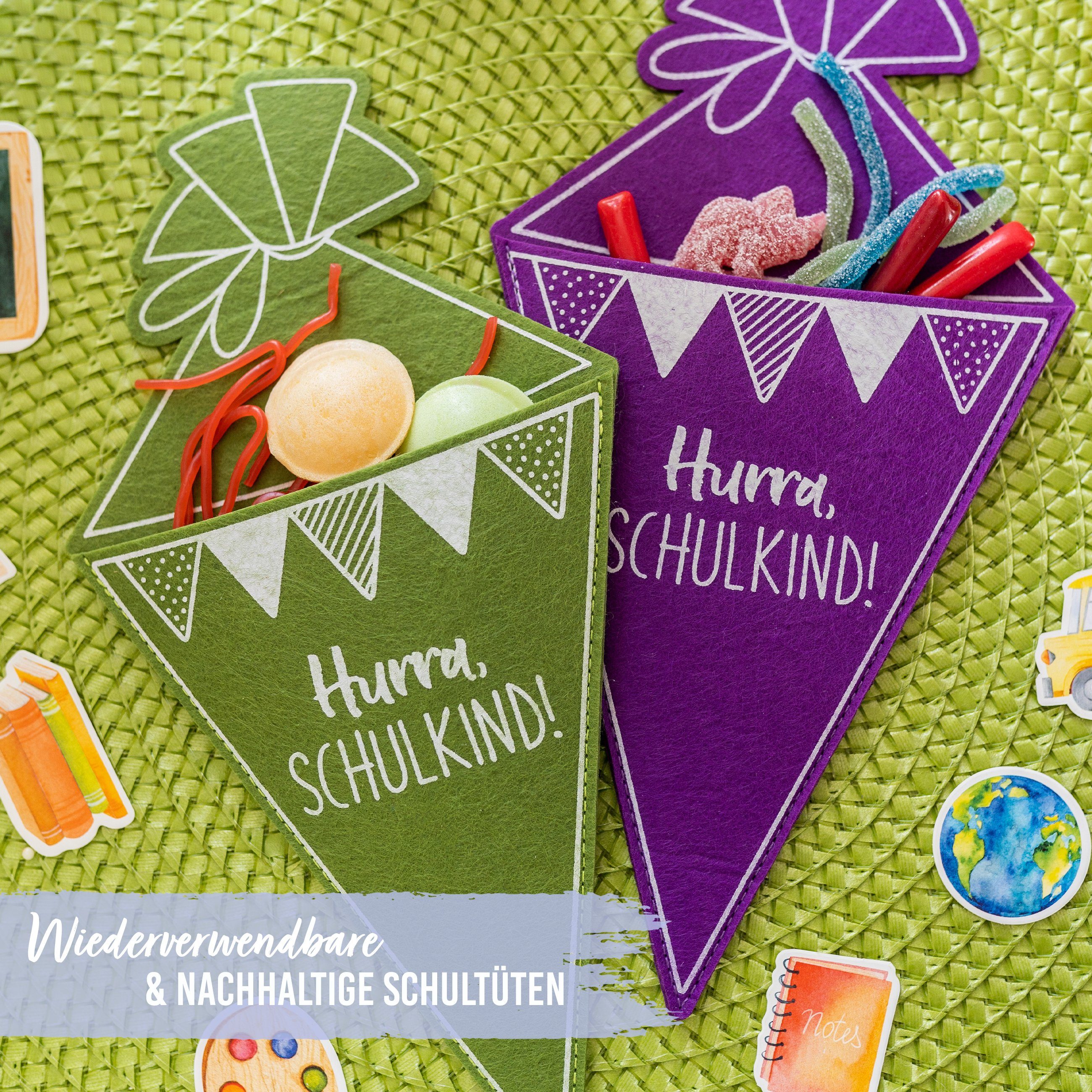 PAPIERDRACHEN Schultüte 4 Filz-Schultüten - Hurra Schulkind! - Einschulung, Geschenk - oder Bestecktasche