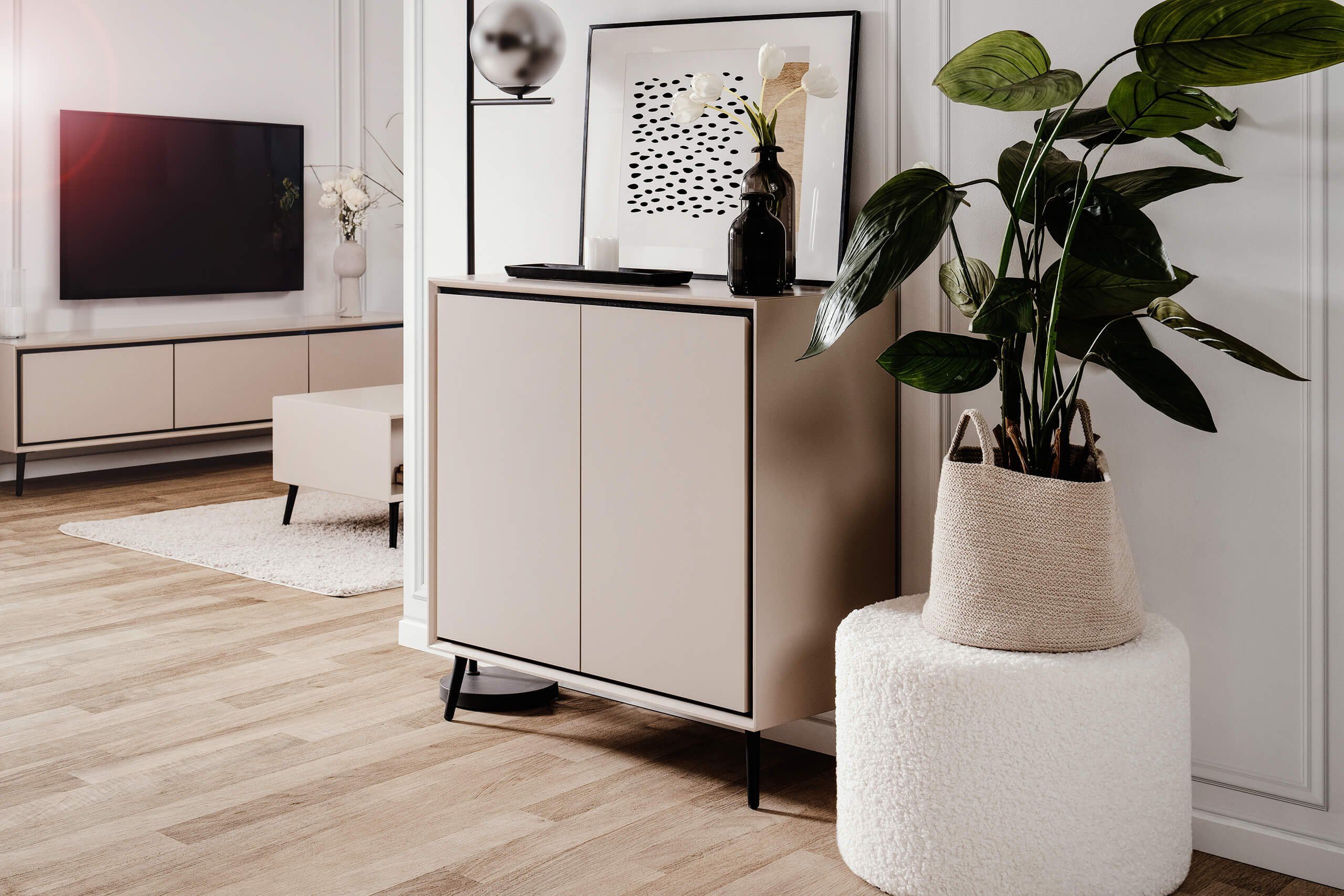 Newroom Kommode Schwarz 90 cm, Sideboard Schrank mit Türen Aufbewahrungsschrank für Wohnzimmer F...