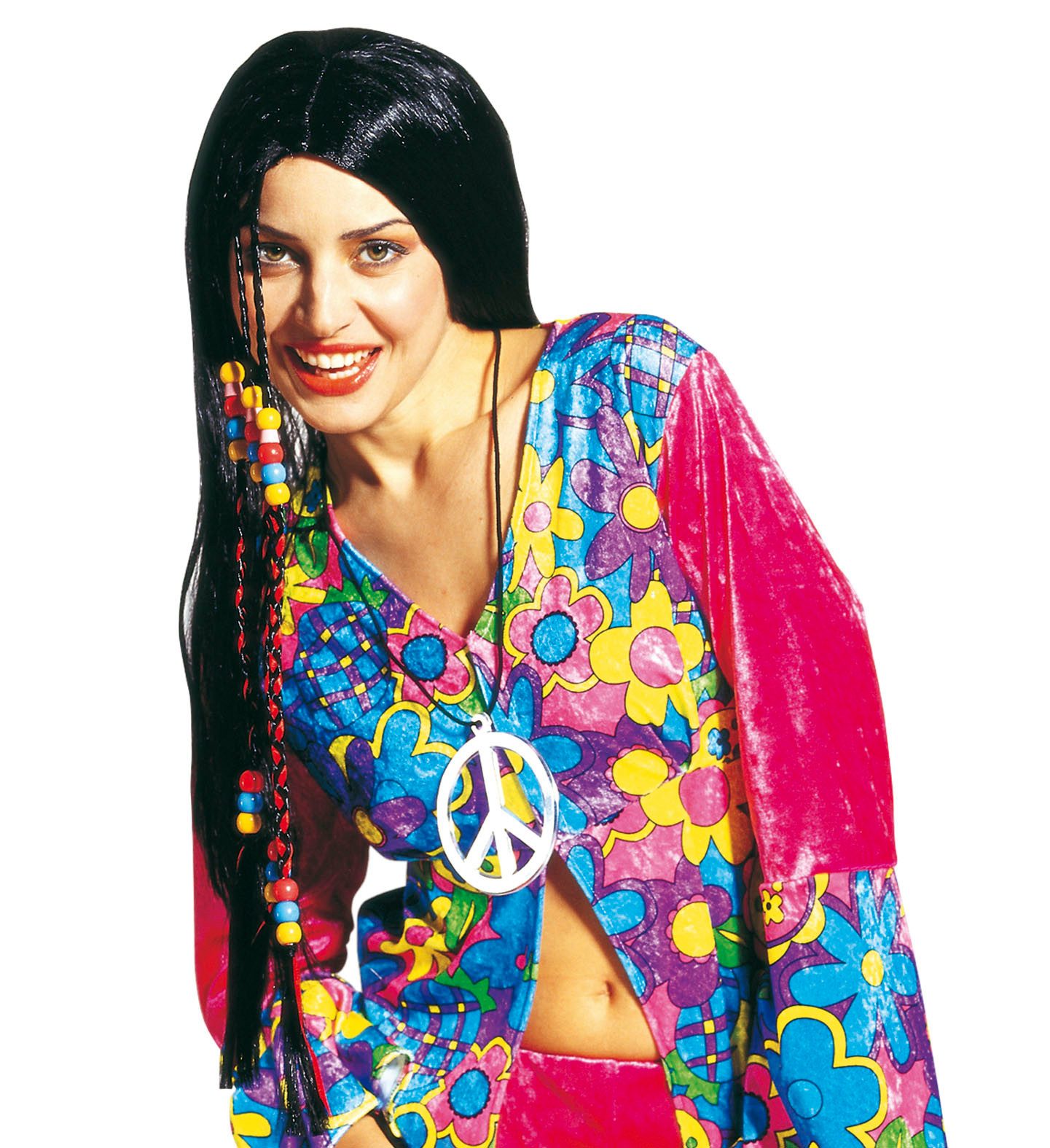 Widmann S.r.l. Kunsthaarperücke Hippie Perücke schwarz mit Perlen