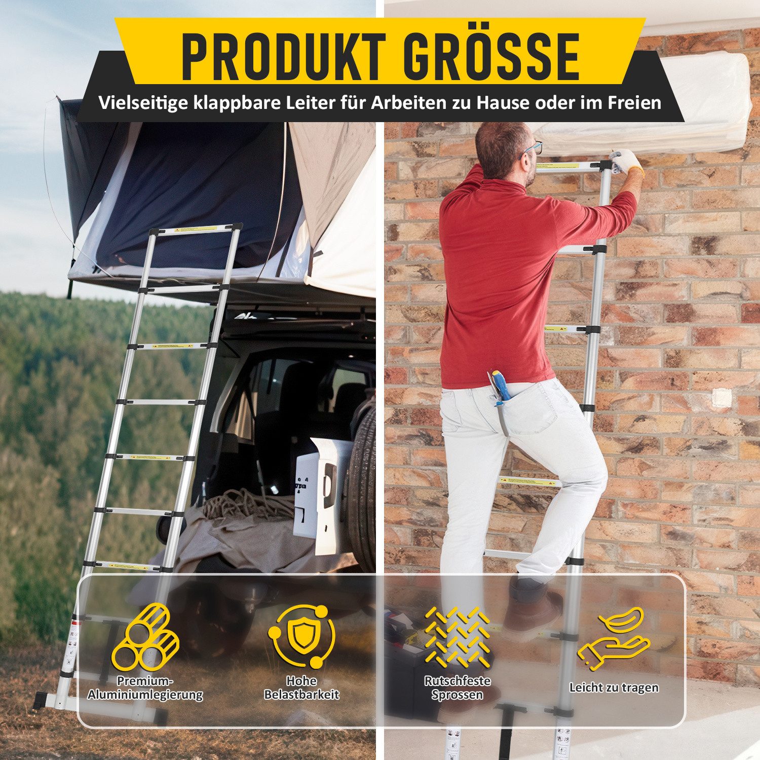 Clanmacy Teleskopleiter Aluminium Teleskopleiter 2,6M, Leiter Ausziehbar mit Stabilisator, Kla (Teleskopleiter,Anlegeleiter,Klappleiter,Schiebeleiter, Hochleist – Bild 4 von 5