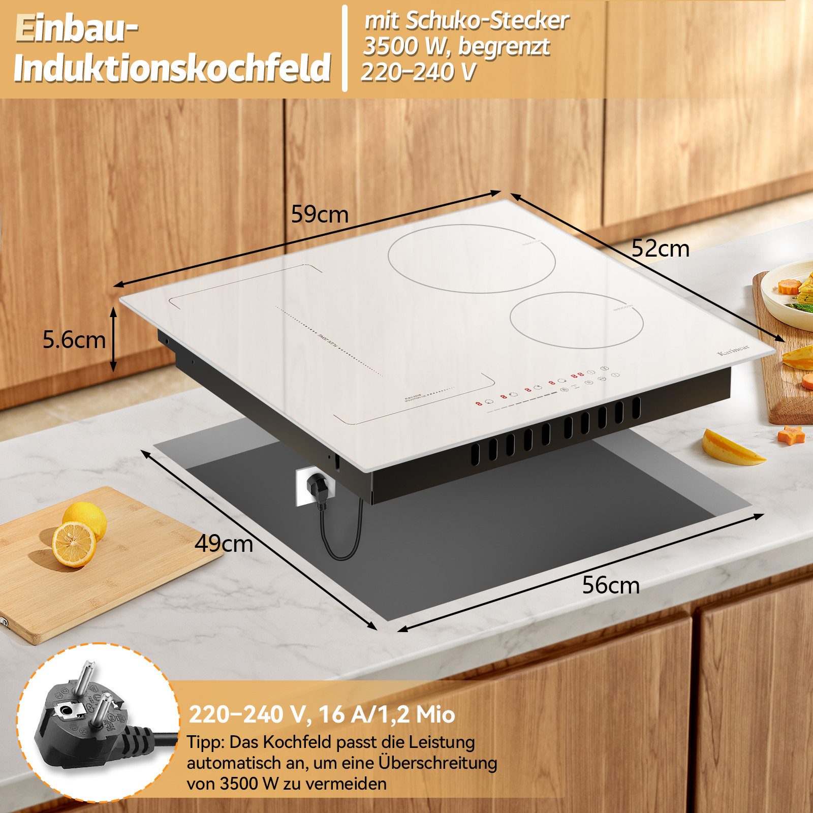 Karinear Induktions-Kochfeld mit Touch-Timer und Kinderschutz Stecker Boost 3500W