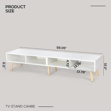 EVERY Lowboard Sideboard TV Board Regal Fernsehtisch Weiß, Breite 150 cm, mit Kabeldurchführung, 4 offene Fächer, stehend