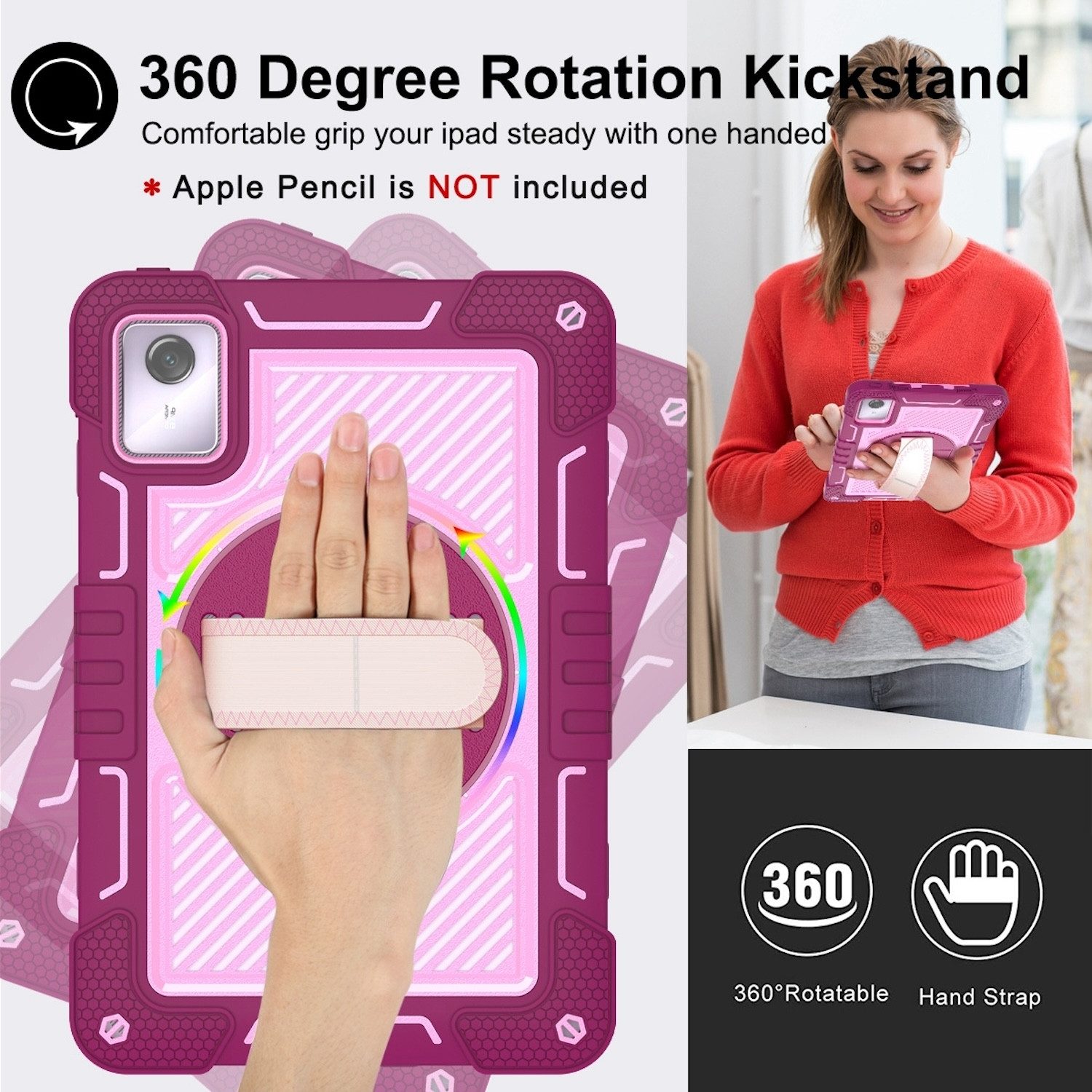 Wigento Tablet-Hülle Für Lenovo Tab M11 Hybrid 360 Grad Halte-Schlaufe Tasche Hülle Pink, Hybrid Schutzhülle Smart Case Cover mit Halteschlaufe