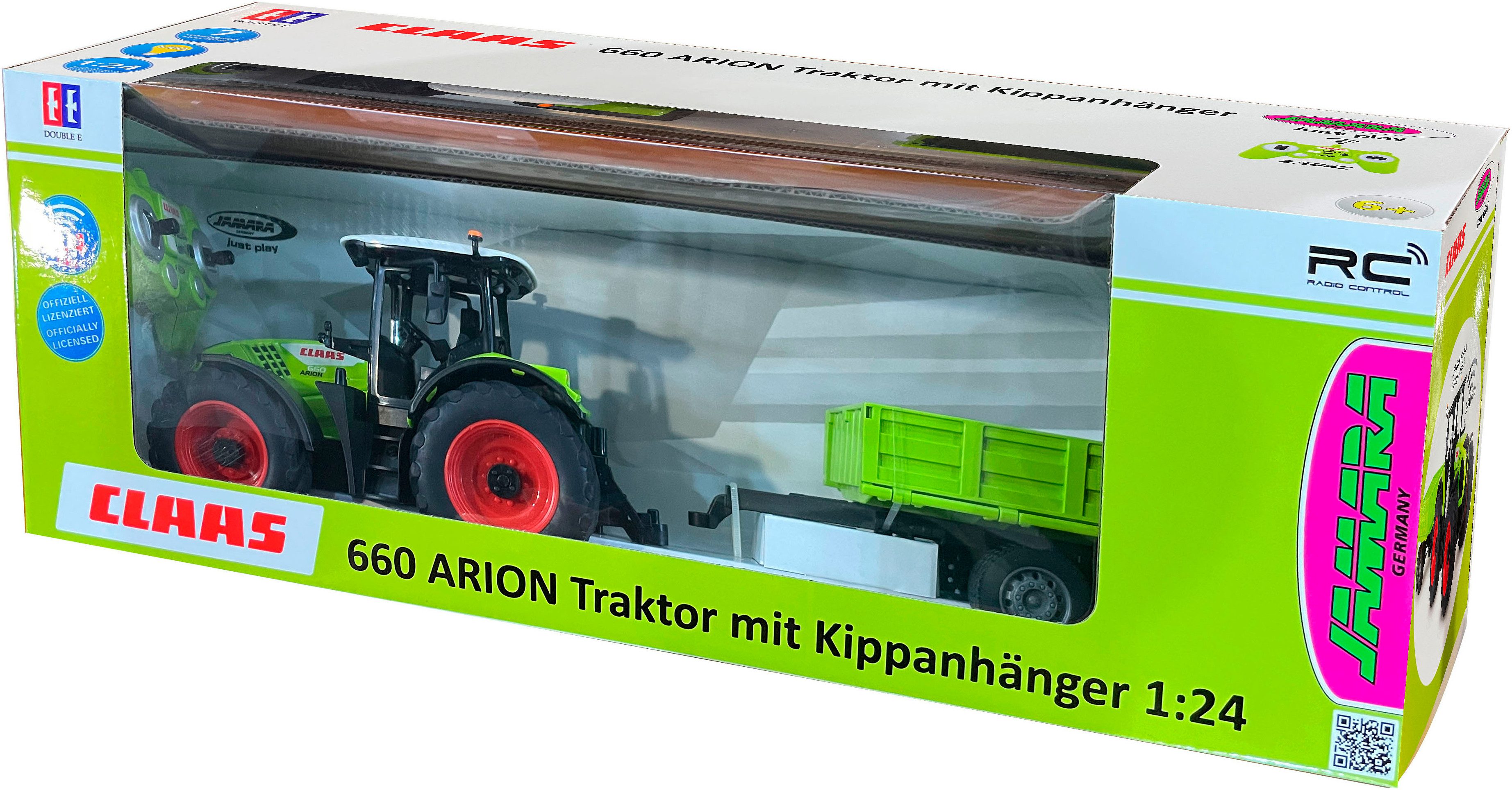 Jamara RC-Traktor Claas Arion 660 mit Kippanhänger 1:24 2,4GHz, mit LED Licht