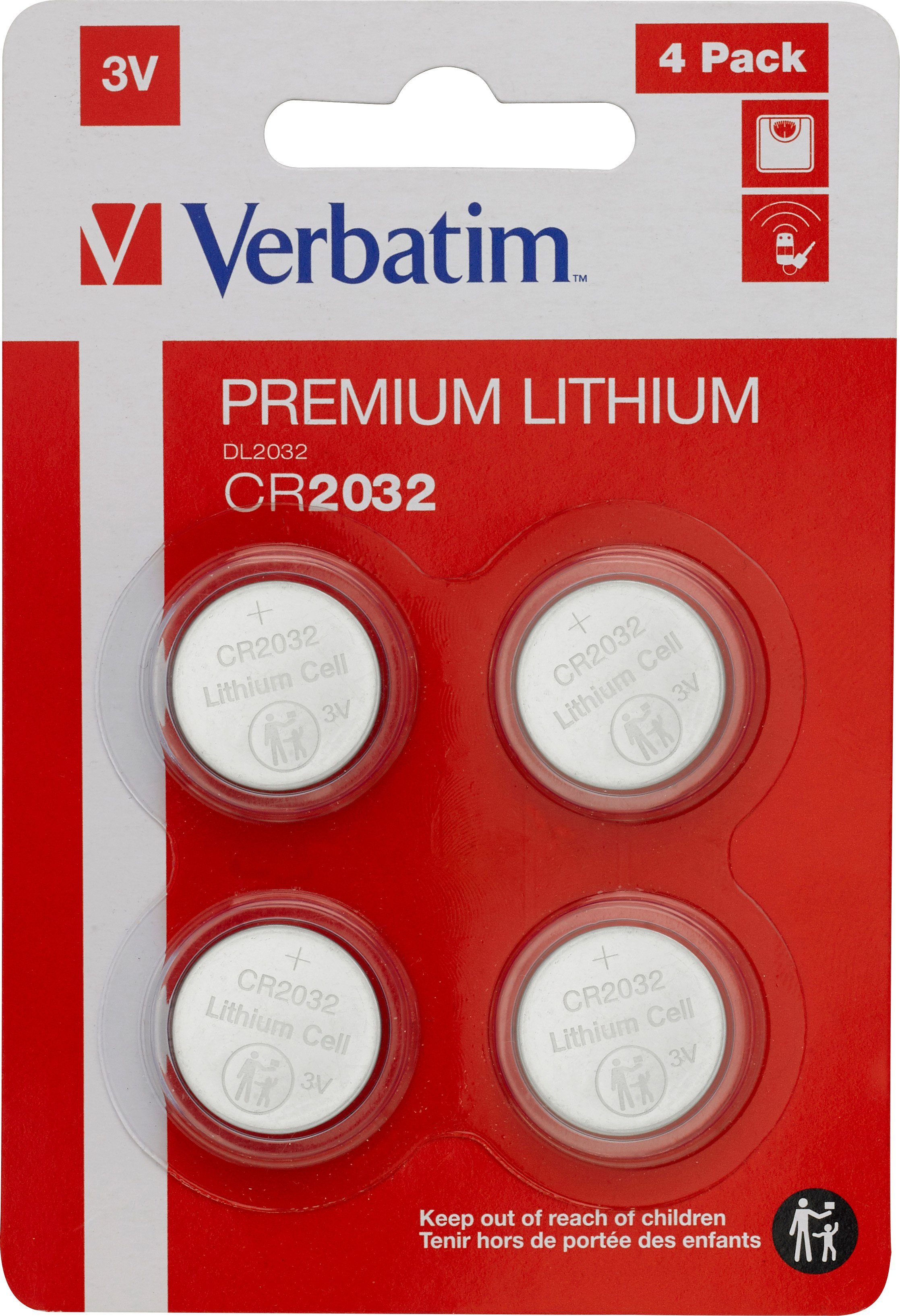 CR2032, Knopfzelle, Retail Verbatim (4-P Batterie Blister Verbatim 3V Lithium, Knopfzelle