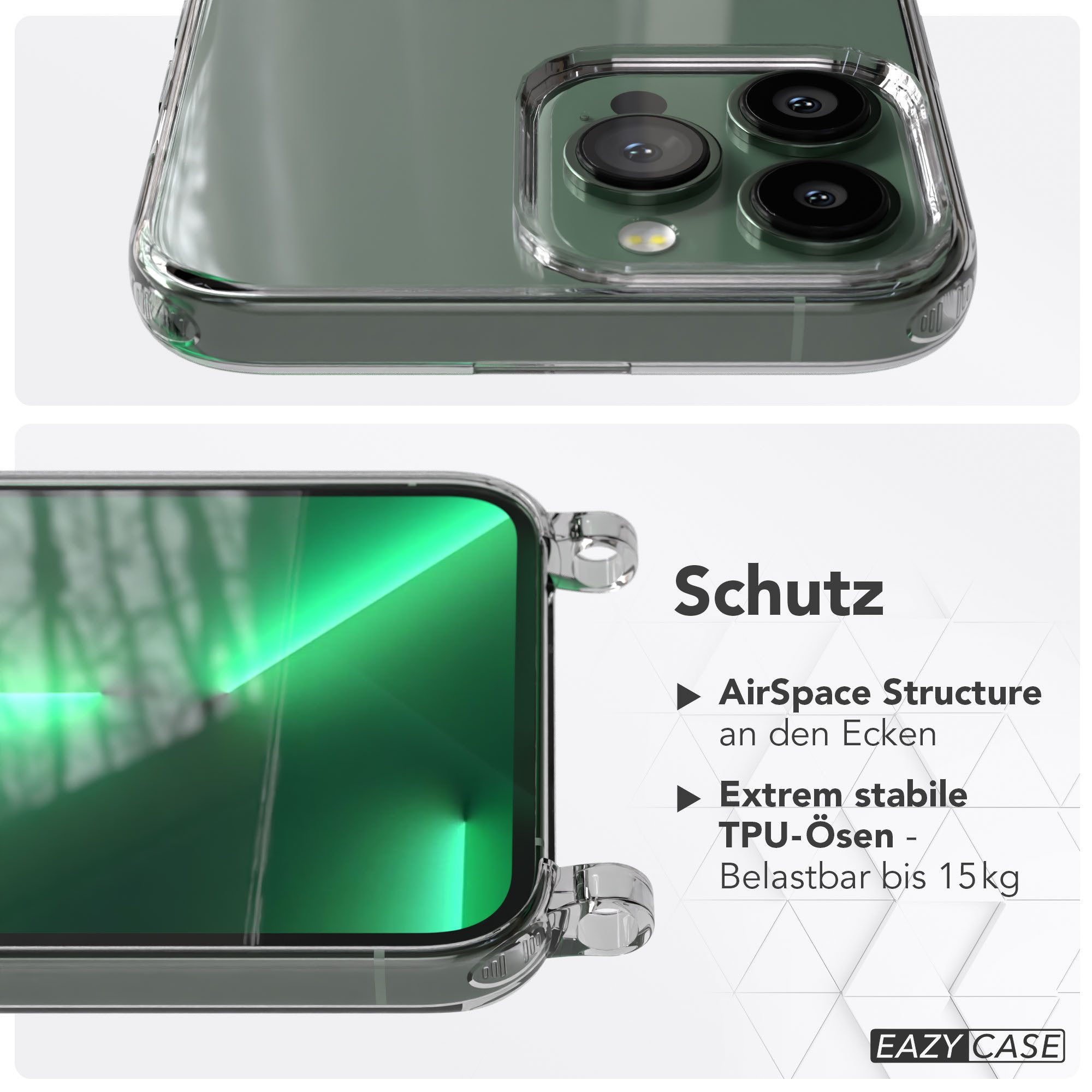 EAZY CASE Handykette Handyhülle für Handyketten mit Befestigungsösen für iPhone Modelle 6,7 Zoll, Hülle für Handykette, Transparent mit Ösen für Apple iPhone 13 Pro Max