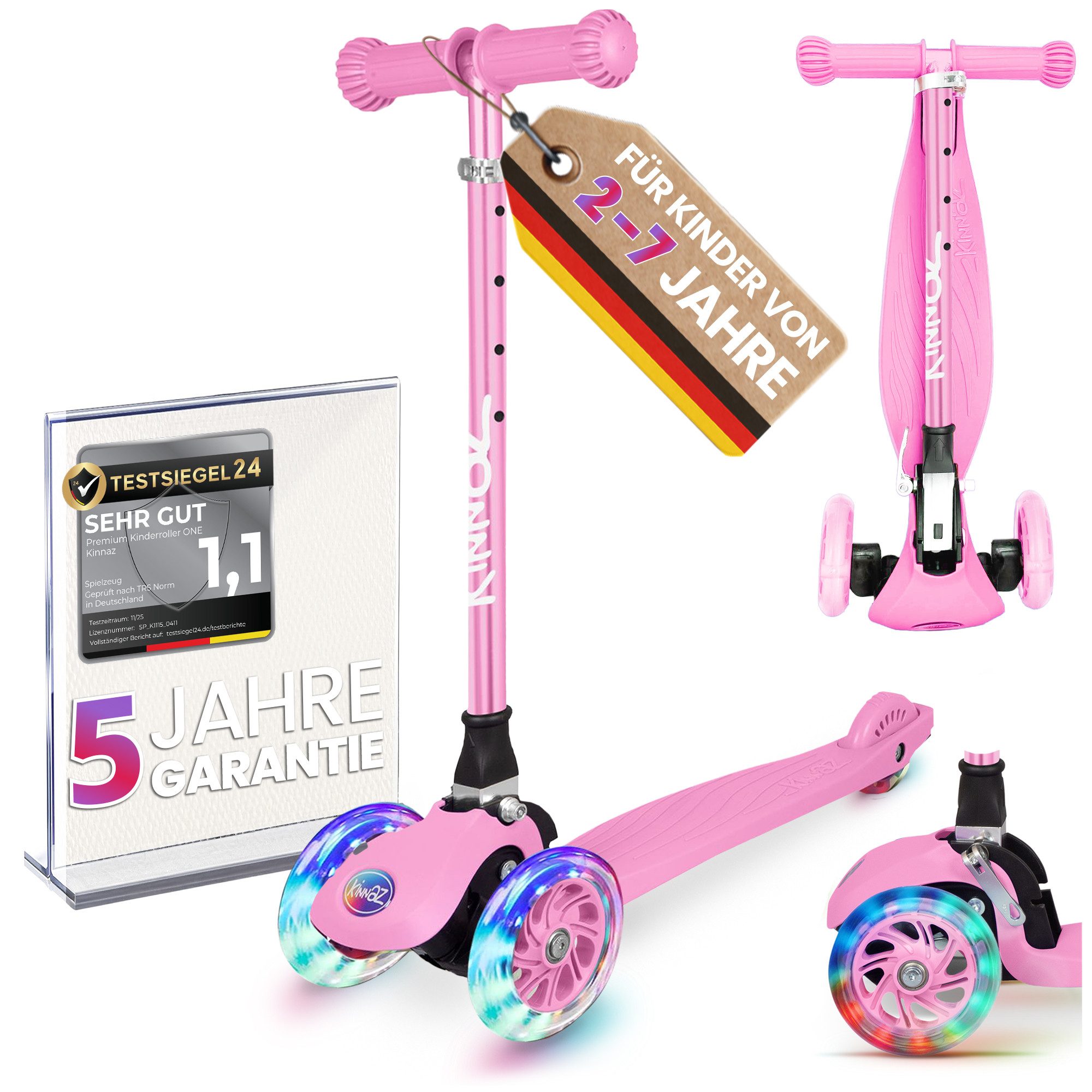 KINNAZ Dreiradscooter ab 2 Jahre LED, faltbar, Höhe flexibel, Kinderoller, Scooter, Roller, (Kinderroller, kinnaz ONE), Händler aus Hamburg