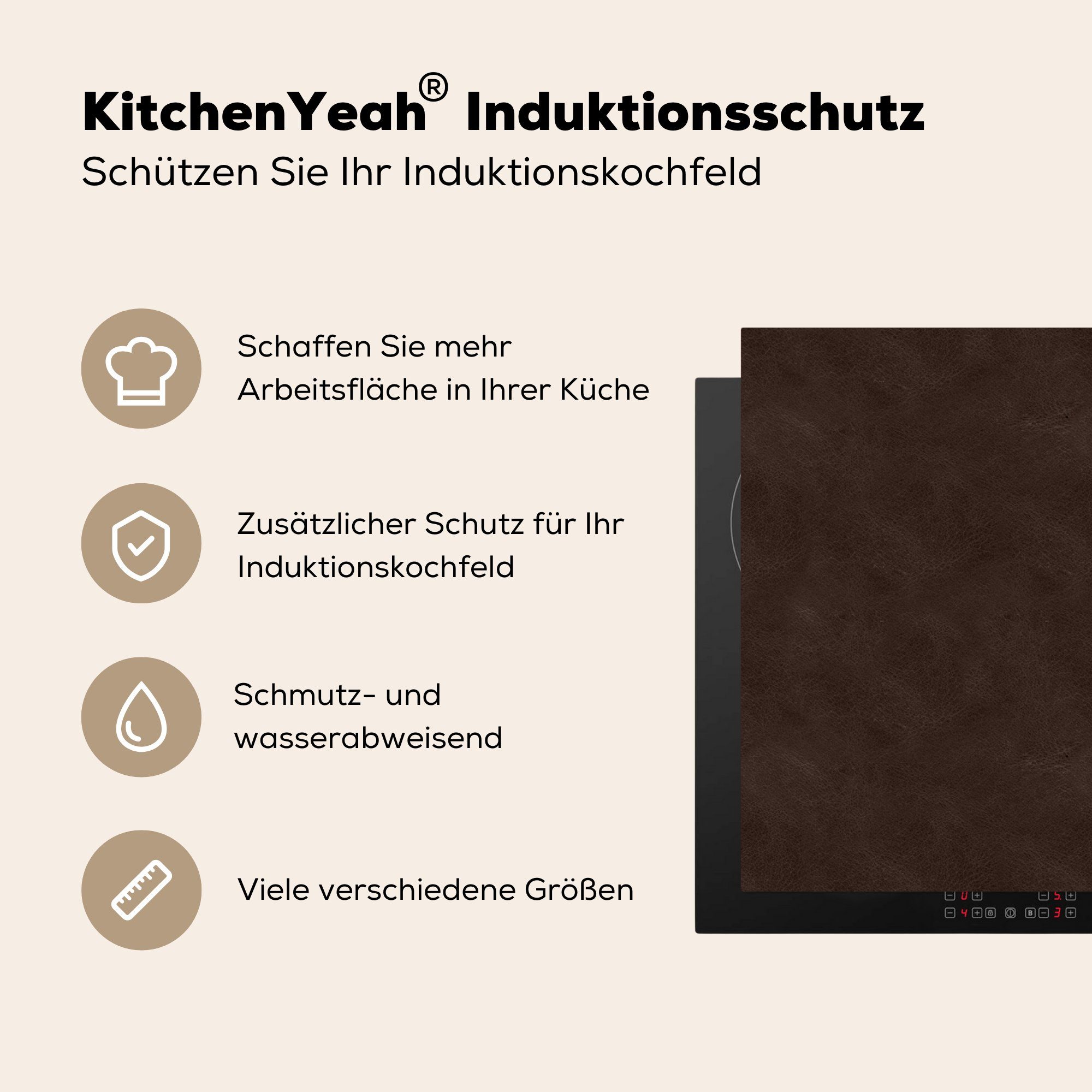 MuchoWow Herdblende-/Abdeckplatte Ceranfeldabdeckung, (1 Vinyl, Braun küche Arbeitsplatte Tierhaut, 83x51 tlg), cm, Leder - Induktionsschutz für - 