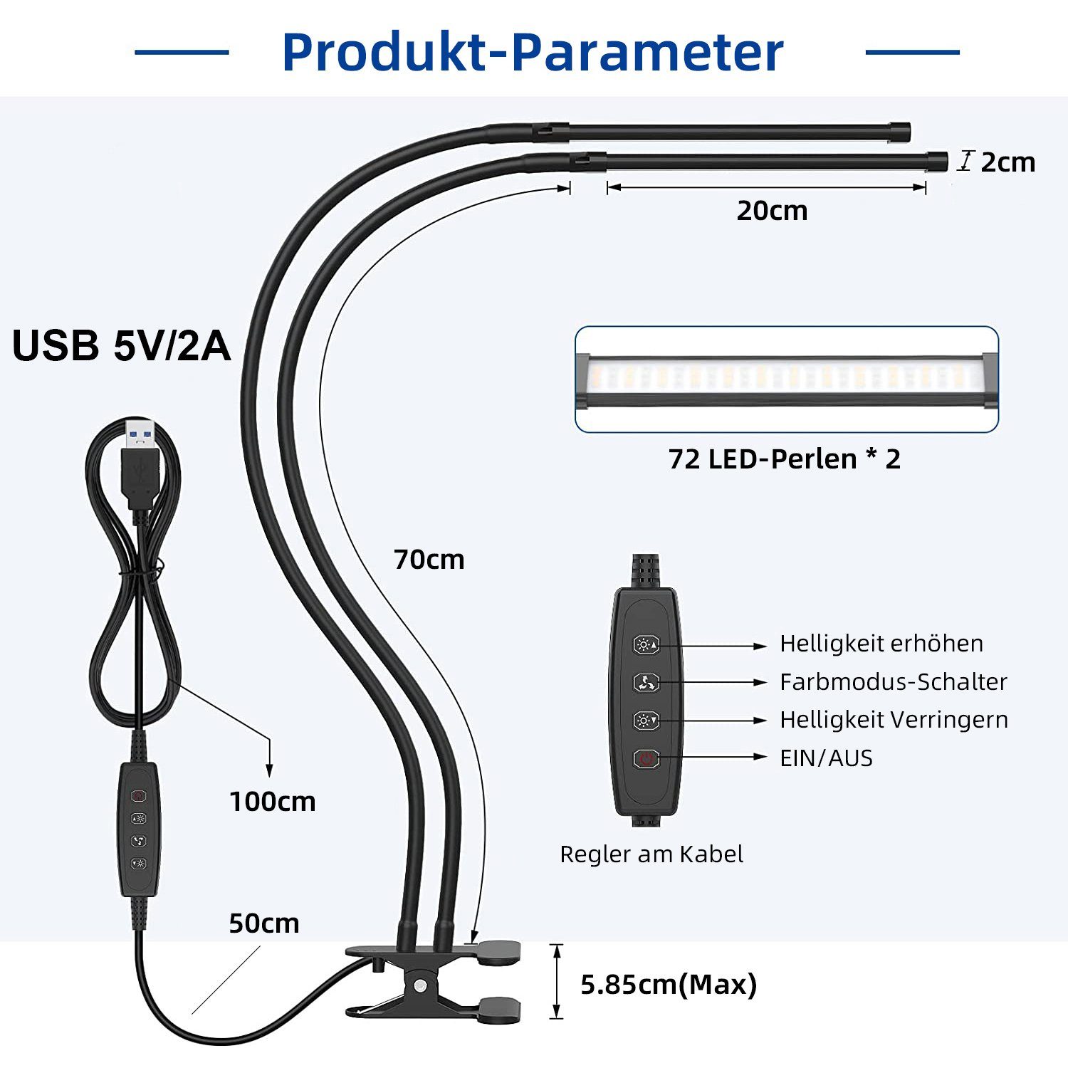 Rosnek LED Tischleuchte Zwei Naturweiß, Zuhause 6500K dimmbar, Warmweiß, aufsteckbar Büro Köpfe, für Farben, 3000K Schreibtisch Kaltweiß, Schwanenhals, 4500K Lesen, 3 flexibler