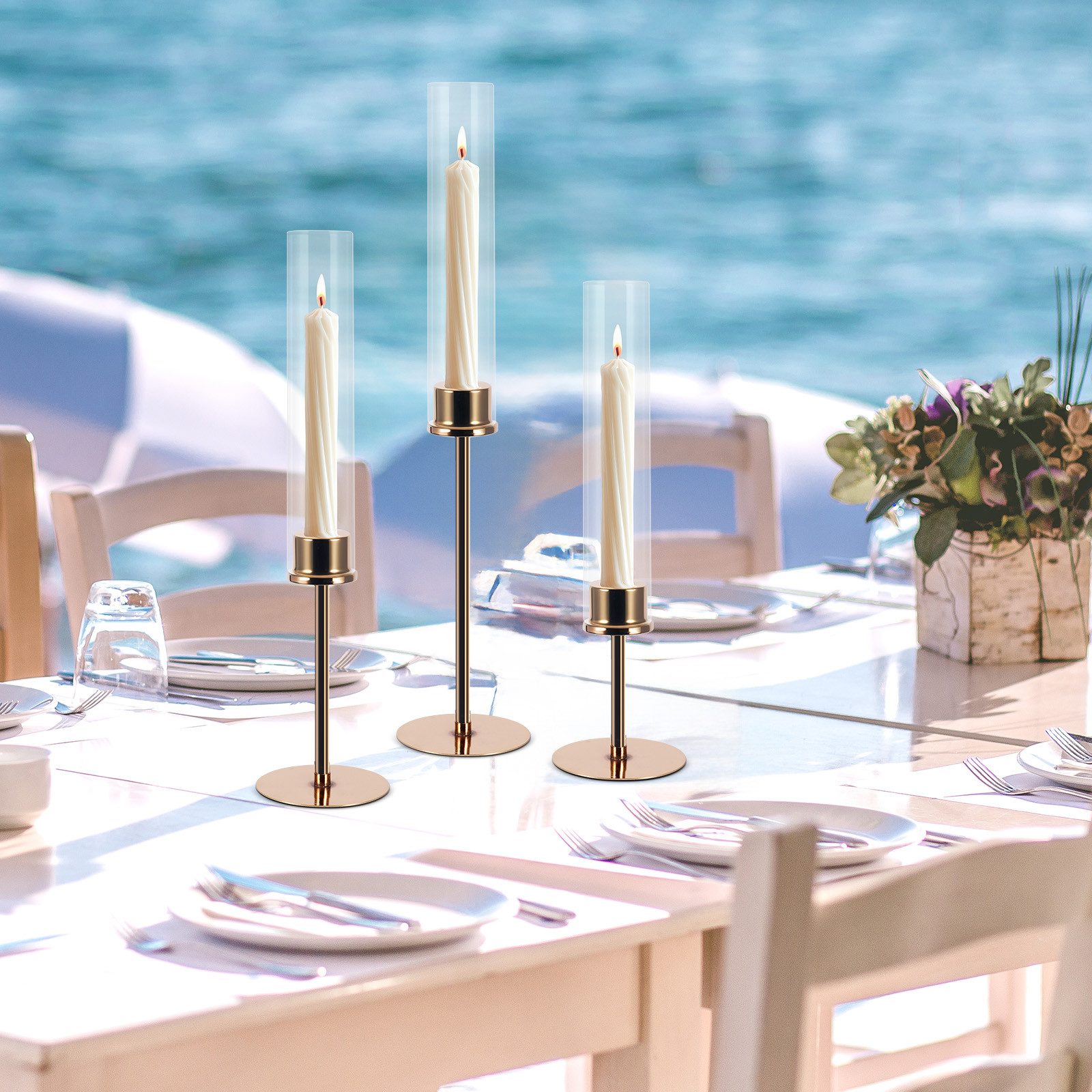 BlingBin Standkerzenhalter 3er Gold Stabkerzenhalter Kerzenständer mit Glas günstig online kaufen